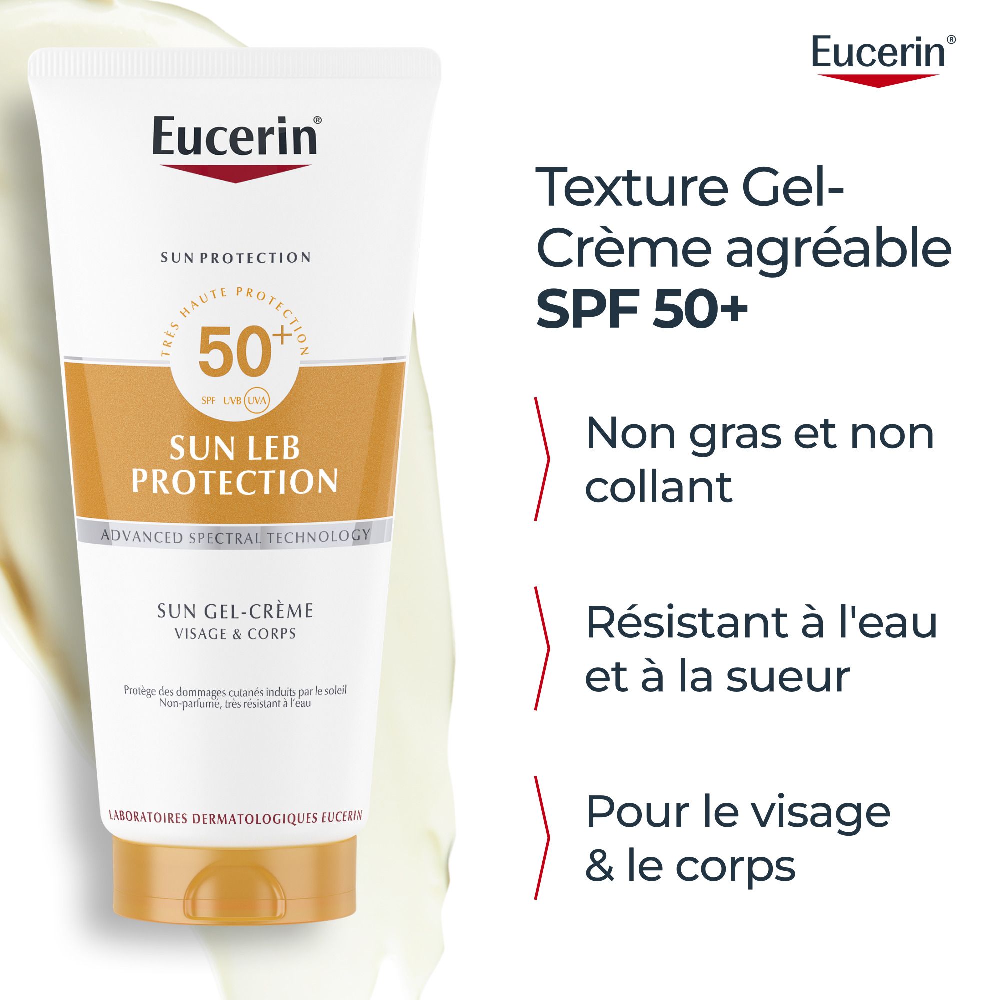 Femme avec tube Eucerin Sun PLE Protect SPF 50+. Texte: Testé cliniquement et dermatologiquement.