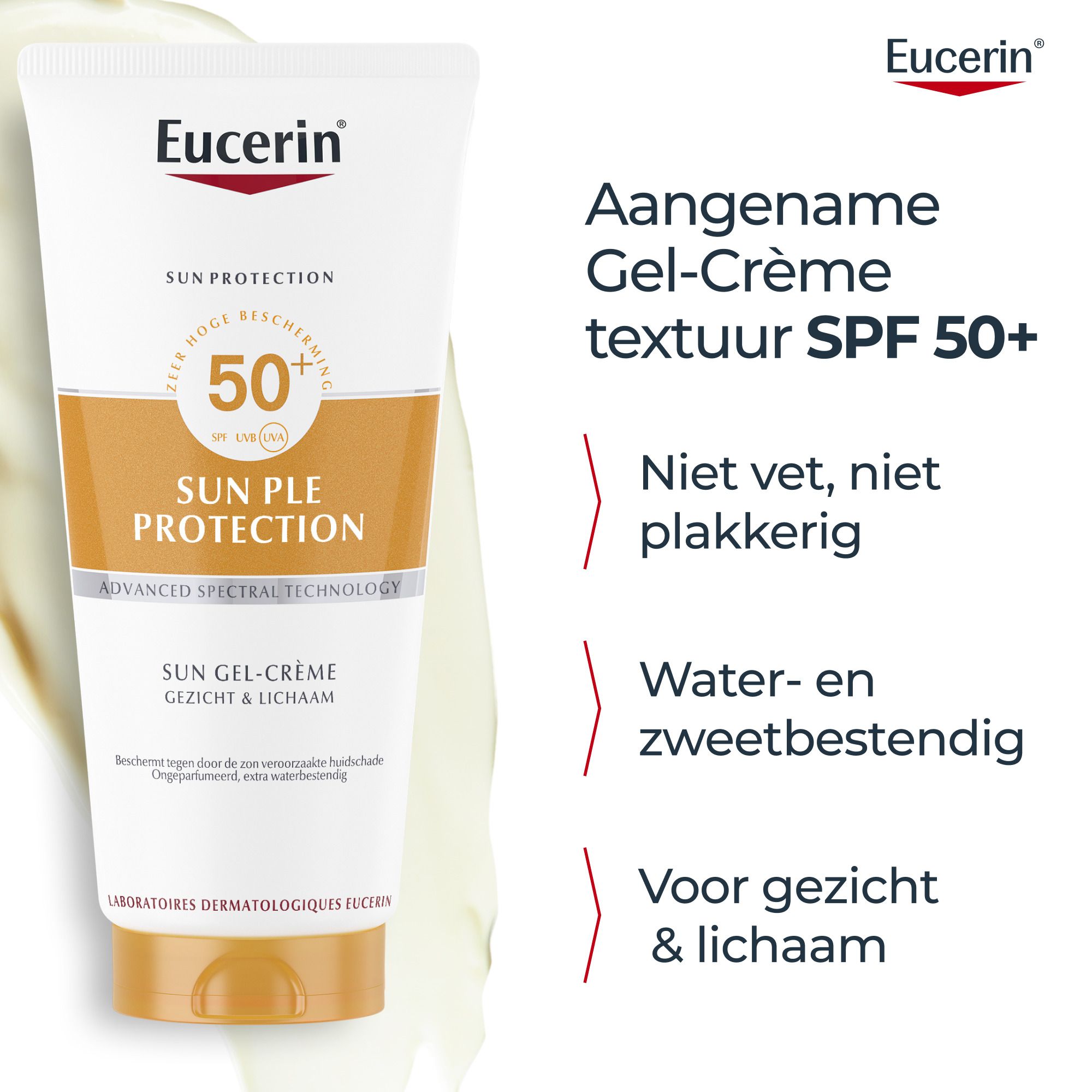 Vrouw met Eucerin Sun PLE Protect SPF 50+ tube. Tekst: Klinisch & dermatologisch getest.