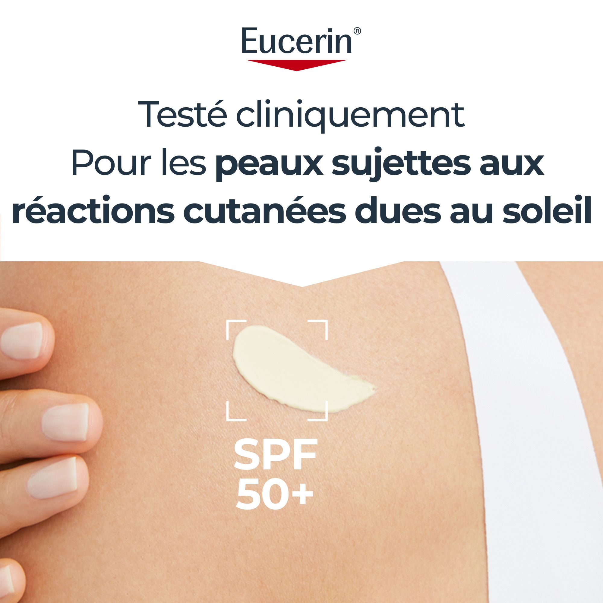 Tube Eucerin Sun PLE Protect SPF 50+. Texte: Protège contre les réactions cutanées induites par le soleil.