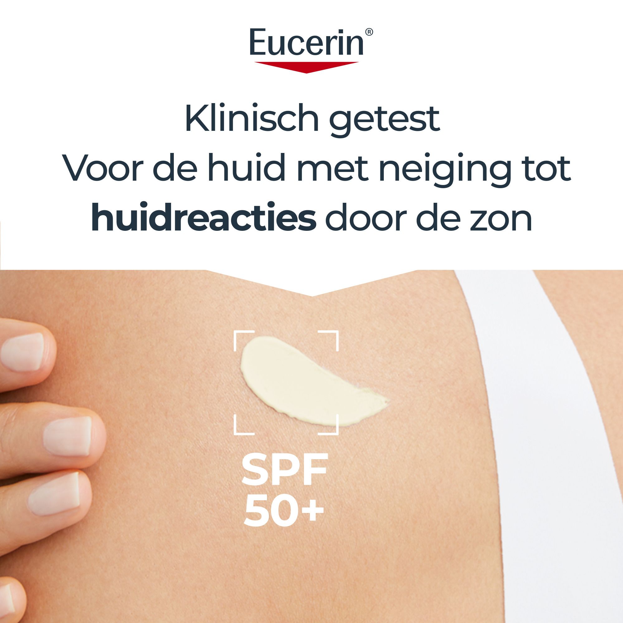 Eucerin Sun PLE Protect SPF 50+ tube. Tekst: Beschermt tegen huidreacties veroorzaakt door de zon.