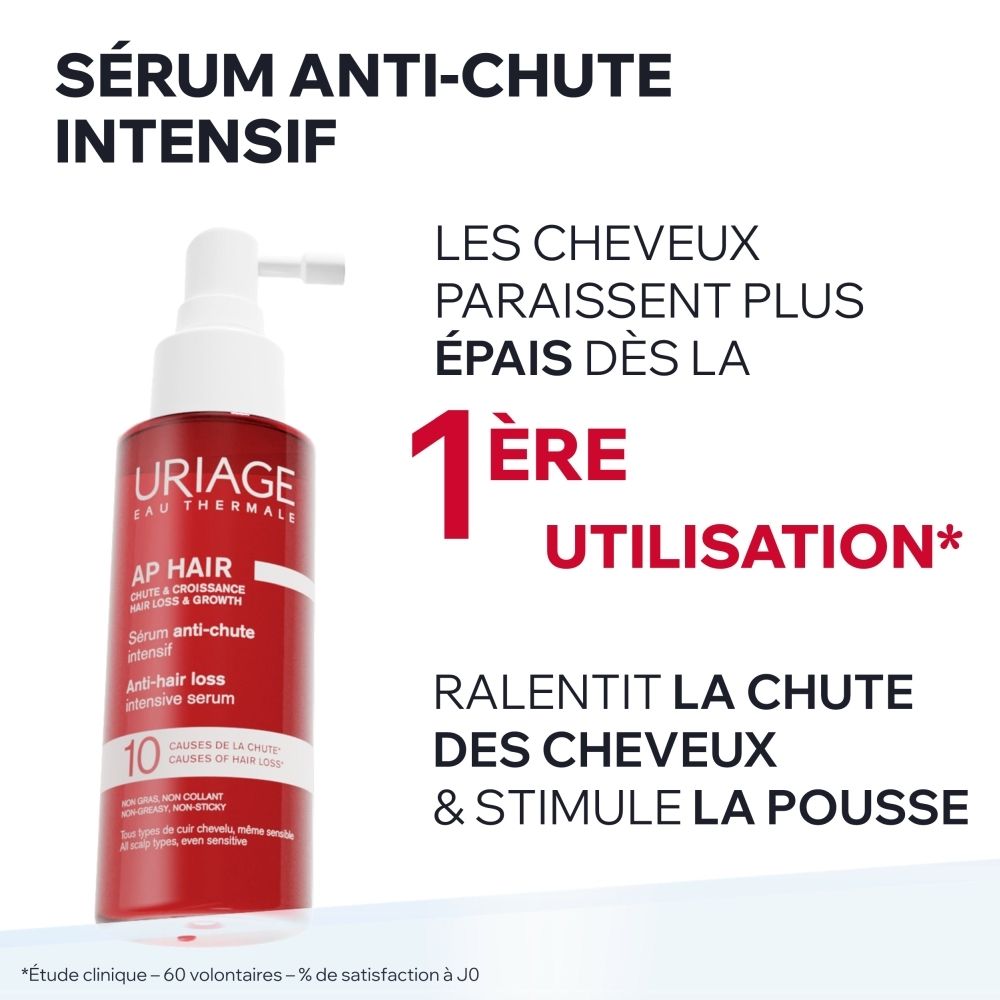 Sérum intensif anti-chute Uriage AP Hair dans un flacon rouge avec applicateur.