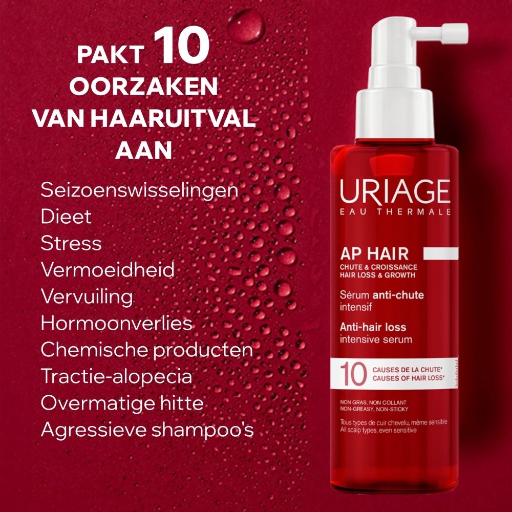 Uriage AP Hair intensief serum tegen haaruitval. Rode fles met witte applicator.