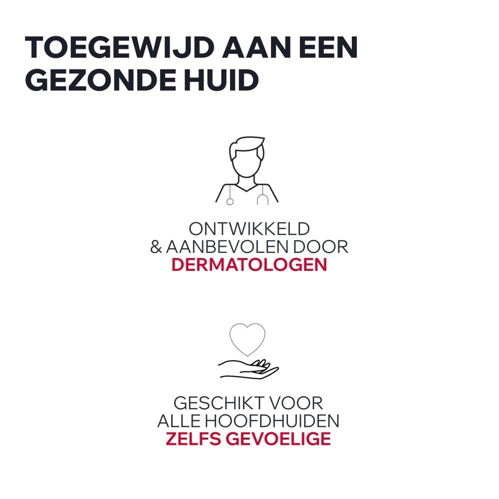 Icoon van een arts met stethoscoop, tekst: Ontwikkeld en aanbevolen door dermatologen. Daaronder: handen die een hart vasthouden, tekst: Geschikt voor alle hoofdhuiden, zelfs gevoelige.