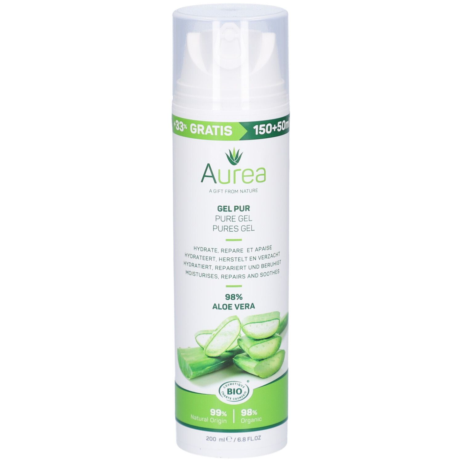 Witte fles Aurea Gel Pur Aloe Vera. Bevat 98% Aloë Vera. Met bio-keurmerk. 200 ml.