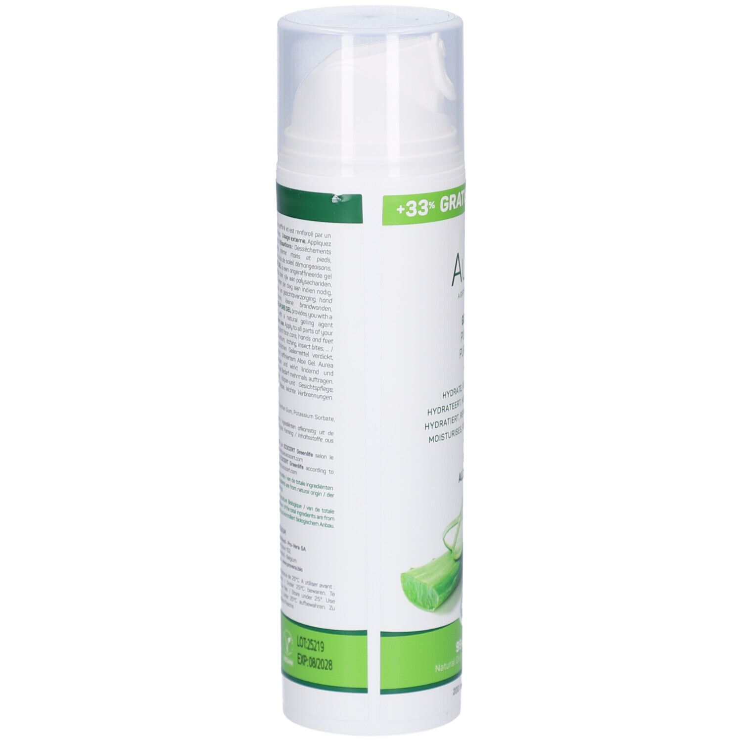 Witte fles Aurea Gel Pur Aloe Vera, zijaanzicht. Tekst in het Duits. Met bio-keurmerk.