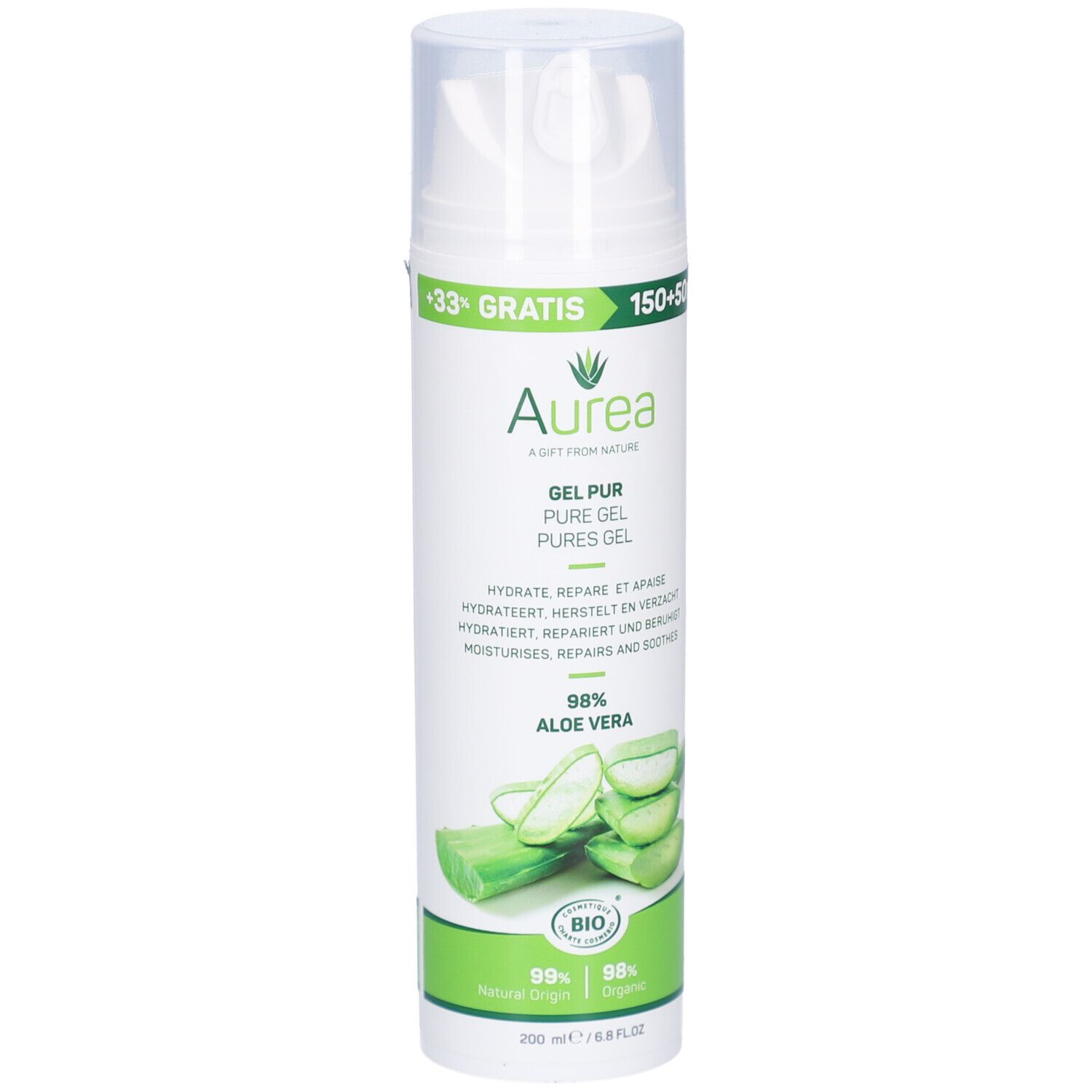 Witte fles Aurea Gel Pur Aloe Vera. Bevat 98% Aloë Vera. Met bio-keurmerk. 200 ml.