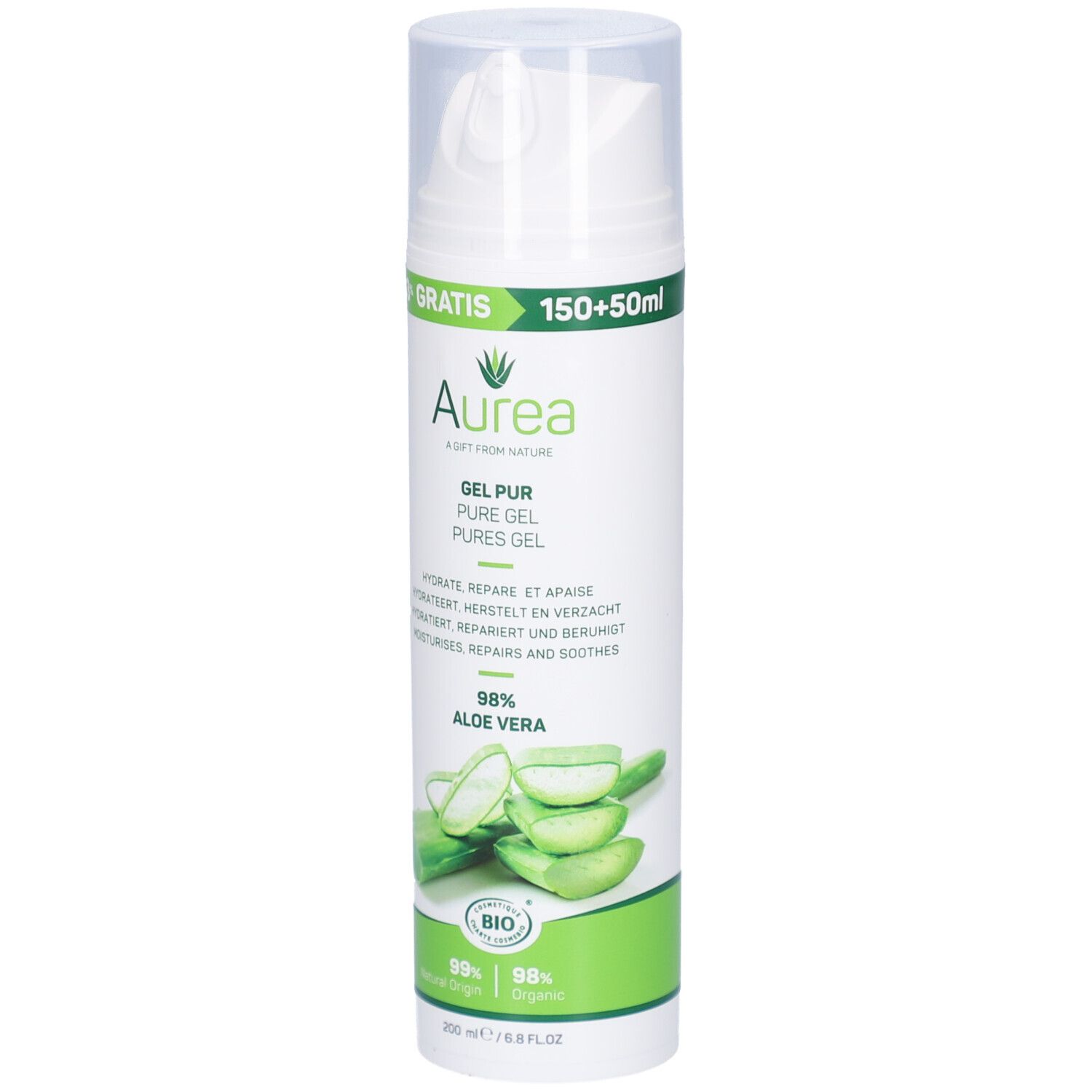 Witte fles Aurea Gel Pur Aloe Vera. Bevat 98% Aloë Vera. Met bio-keurmerk. 200 ml.
