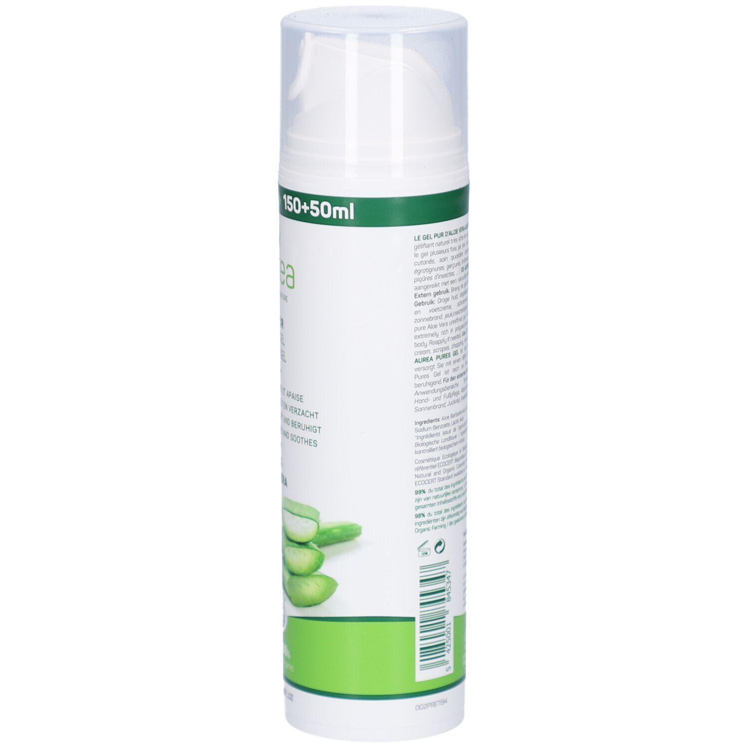 Witte fles Aurea Gel Pur Aloe Vera, zijaanzicht. Tekst in het Duits. Met bio-keurmerk.