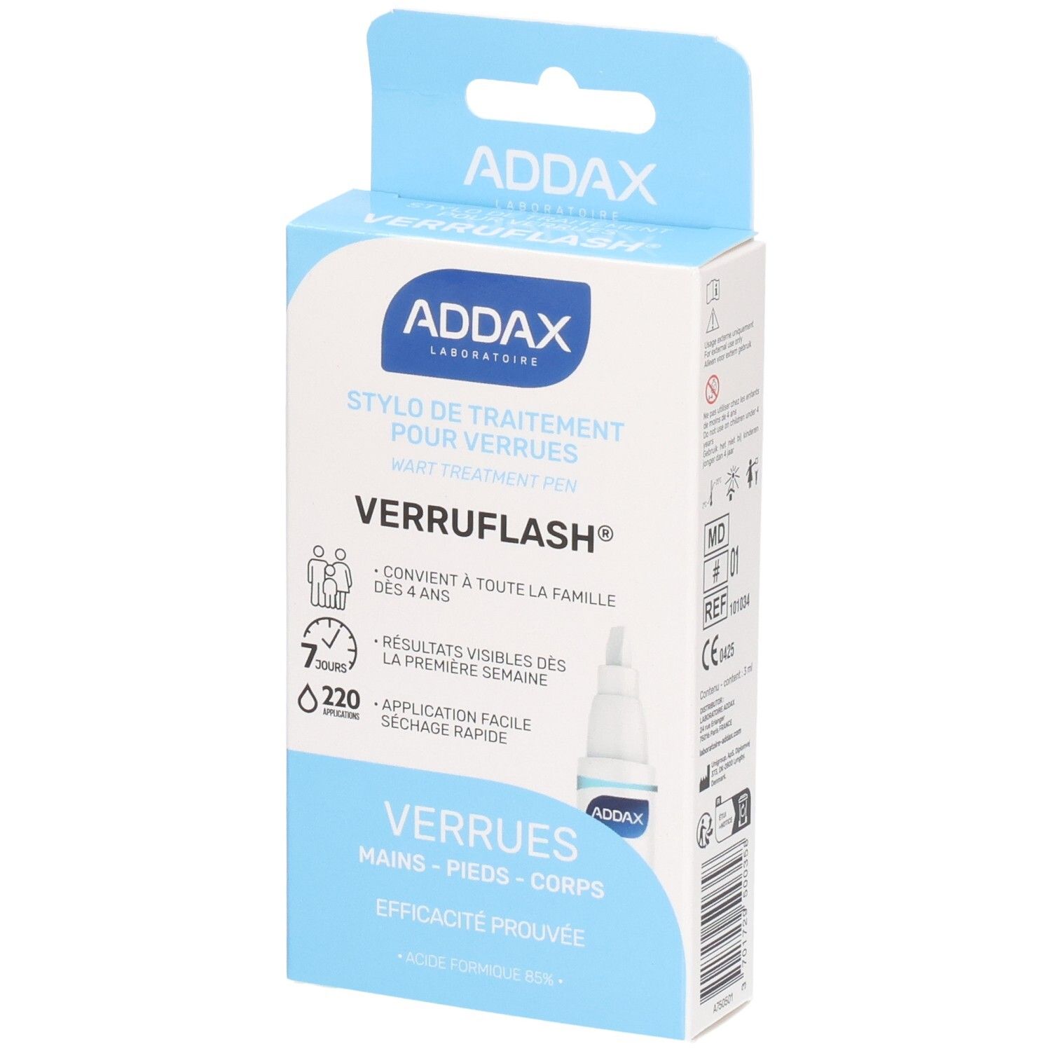 Boîte ADDAX Verruflash. Texte et illustration d'un applicateur. Convient à toute la famille.