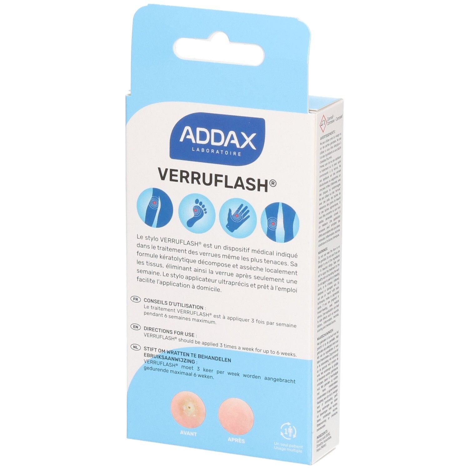 Dos de la boîte ADDAX Verruflash. Description du produit et instructions d'utilisation.