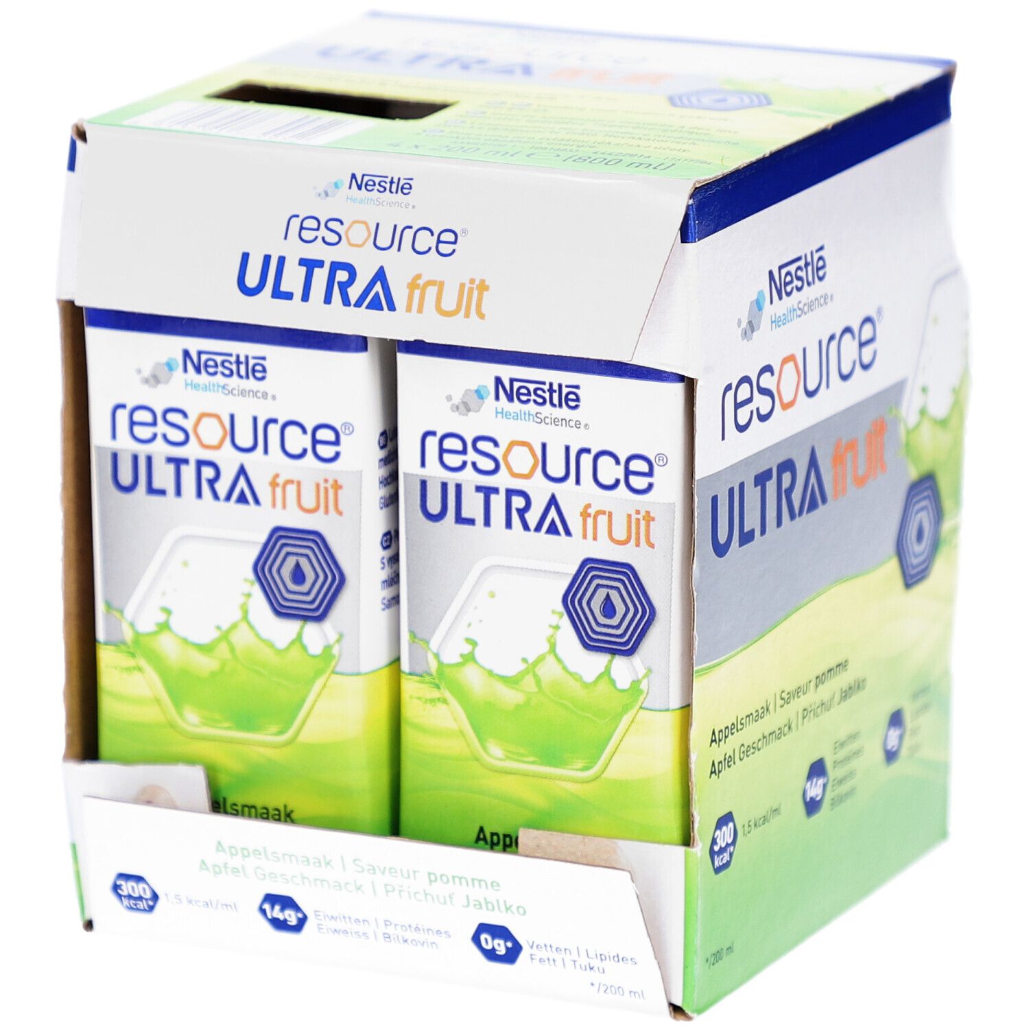 Kartonnen verpakking met twee drankverpakkingen. Opschrift: Resource Ultra Fruit, appelsmaak. Nestle HealthScience logo.