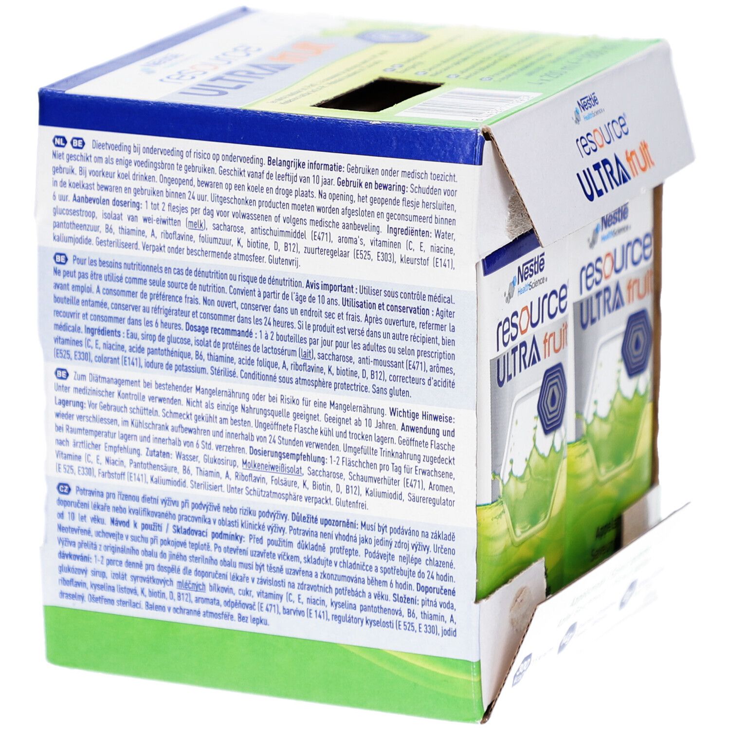 Achterkant van de kartonnen verpakking met tekst. Twee drankverpakkingen zichtbaar. Nestle HealthScience logo.