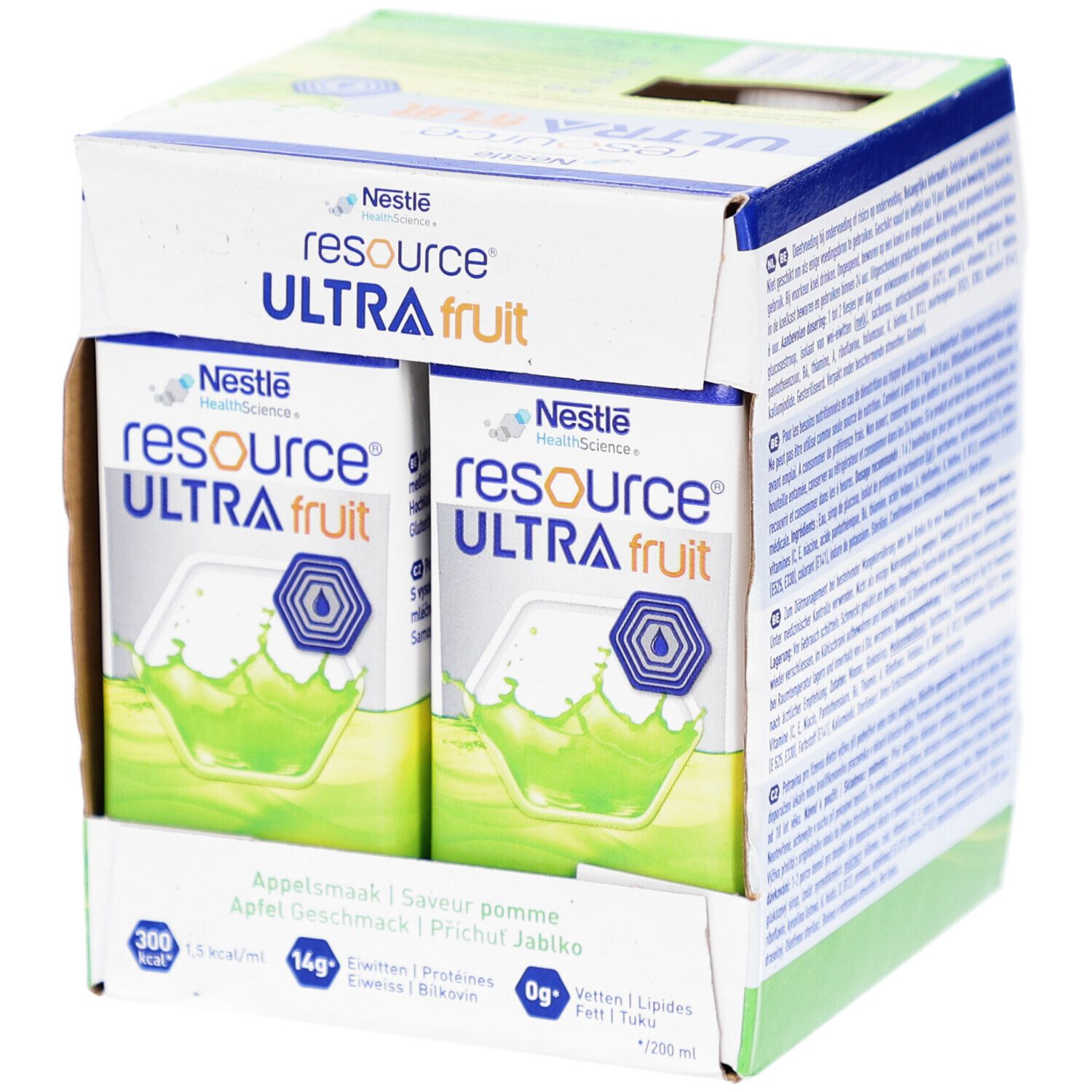 Kartonnen verpakking met twee drankverpakkingen. Opschrift: Resource Ultra Fruit, appelsmaak. Nestle HealthScience logo.
