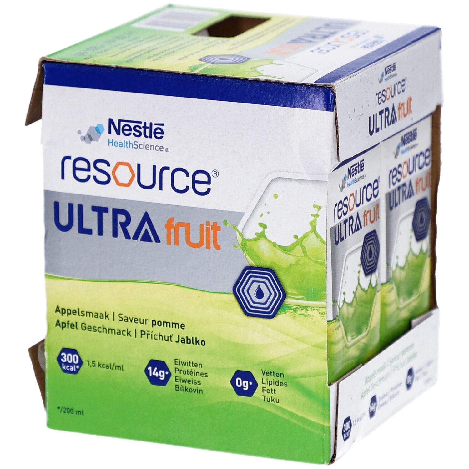 Kartonnen verpakking met twee drankverpakkingen. Opschrift: Resource Ultra Fruit, appelsmaak. Nestle HealthScience logo.