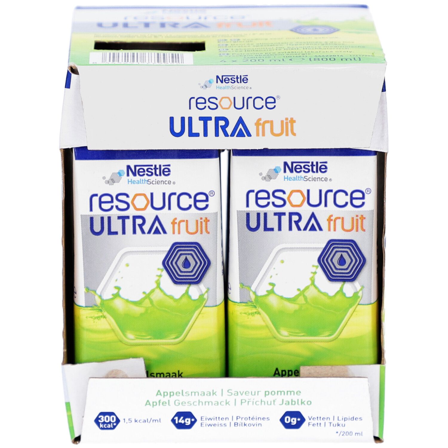 Kartonnen verpakking met twee drankverpakkingen. Opschrift: Resource Ultra Fruit, appelsmaak. Nestle HealthScience logo.