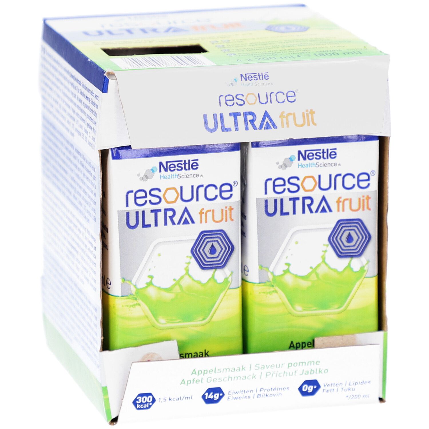 Kartonnen verpakking met twee drankverpakkingen. Opschrift: Resource Ultra Fruit, appelsmaak. Nestle HealthScience logo.