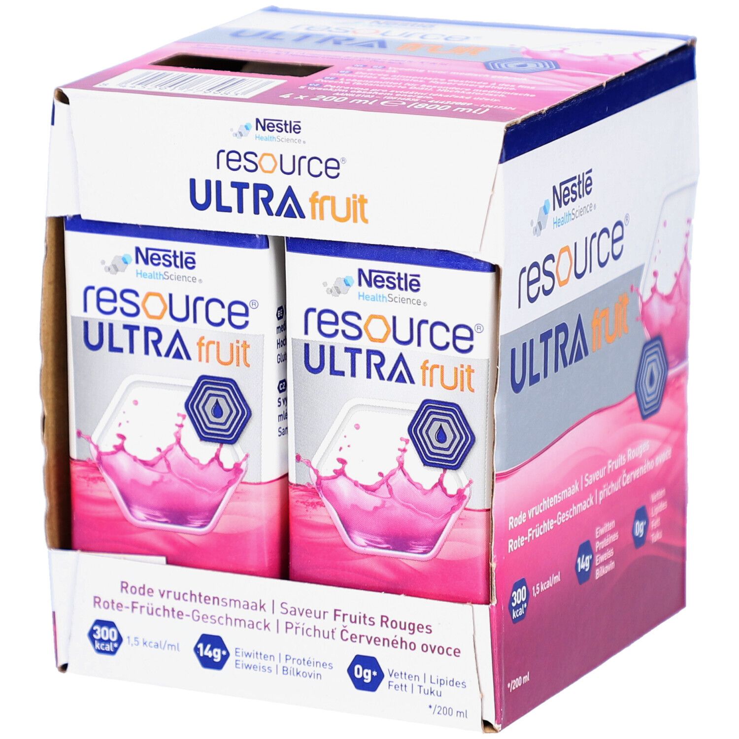 Emballage carton Resource Ultra Fruit. Contient des emballages individuels de liquide rouge. Logo Nestle HealthScience. 14g protéines, 0g matières grasses.