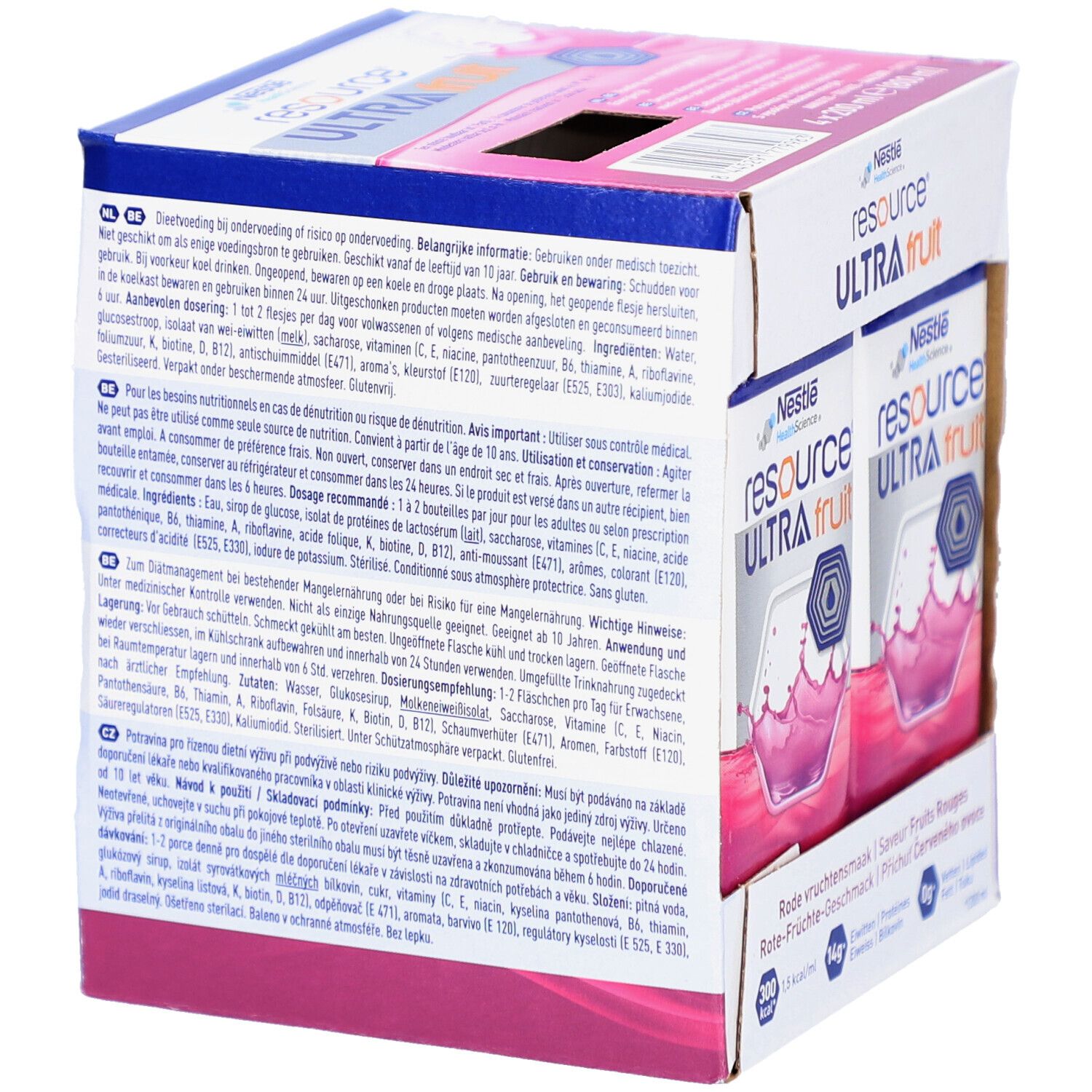Emballage carton avec texte. Emballages individuels de liquide rouge. Resource Ultra Fruit. Logo Nestle HealthScience. 14g protéines, 0g matières grasses.