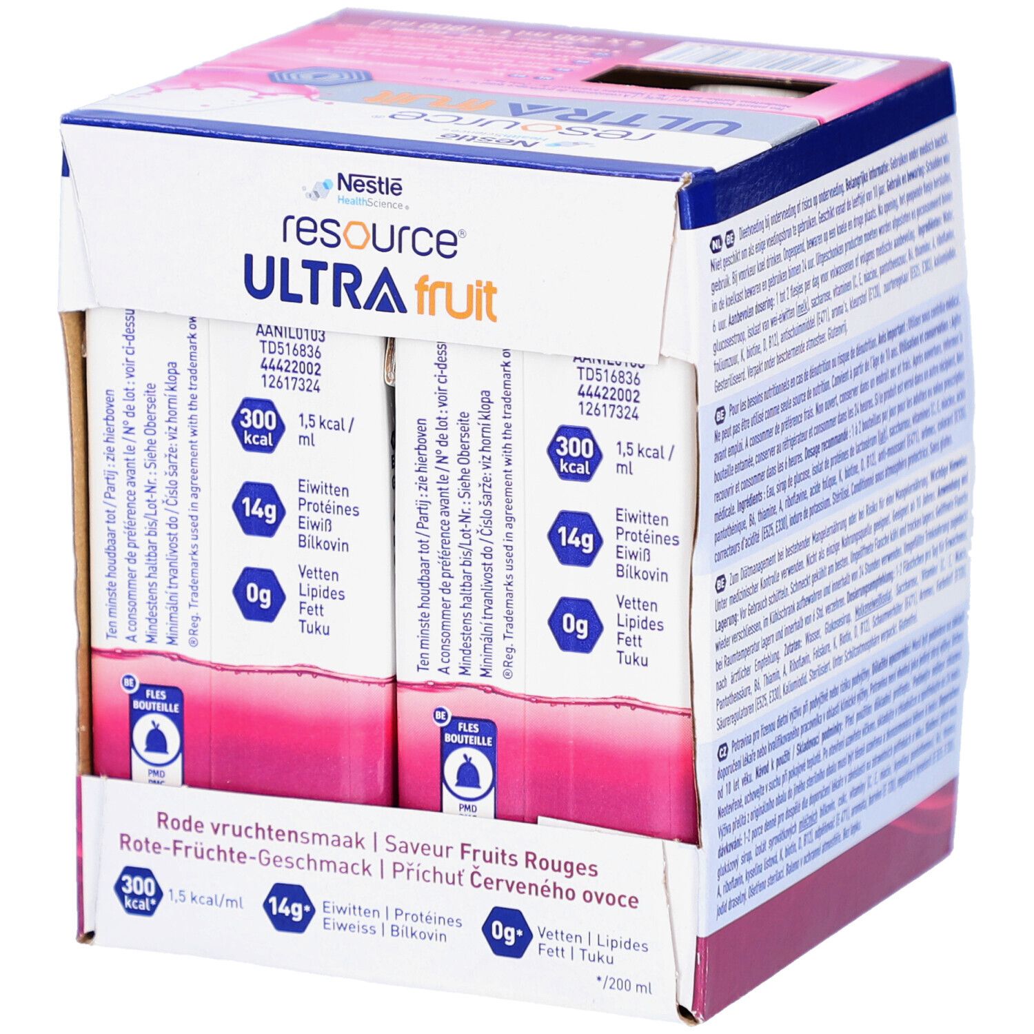 Emballage carton Resource Ultra Fruit. Emballages individuels de liquide rouge. Logo Nestle HealthScience. 14g protéines, 0g matières grasses.