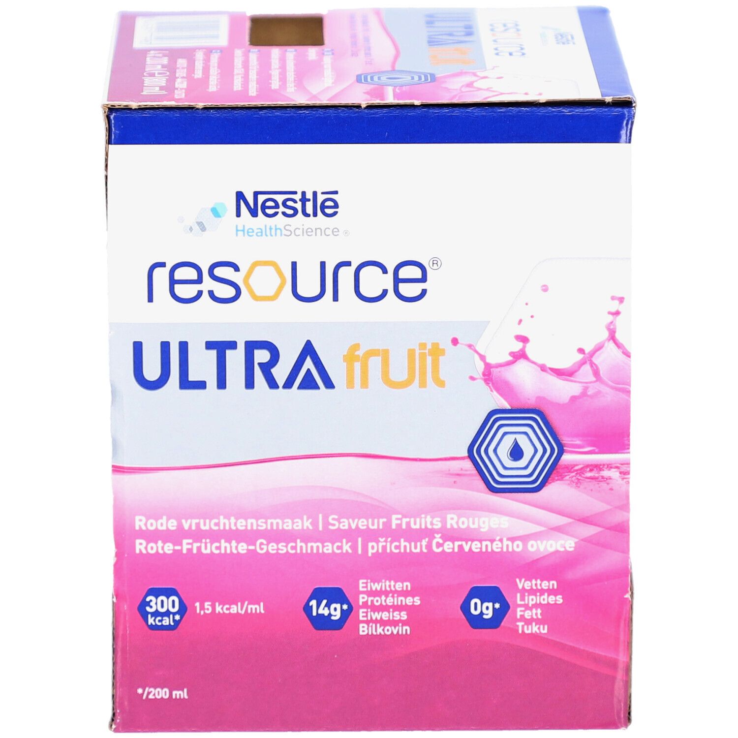 Emballage carton Resource Ultra Fruit. Éclaboussures de liquide rouge. Contient 14g de protéines, 0g de matières grasses. Logo Nestle HealthScience.