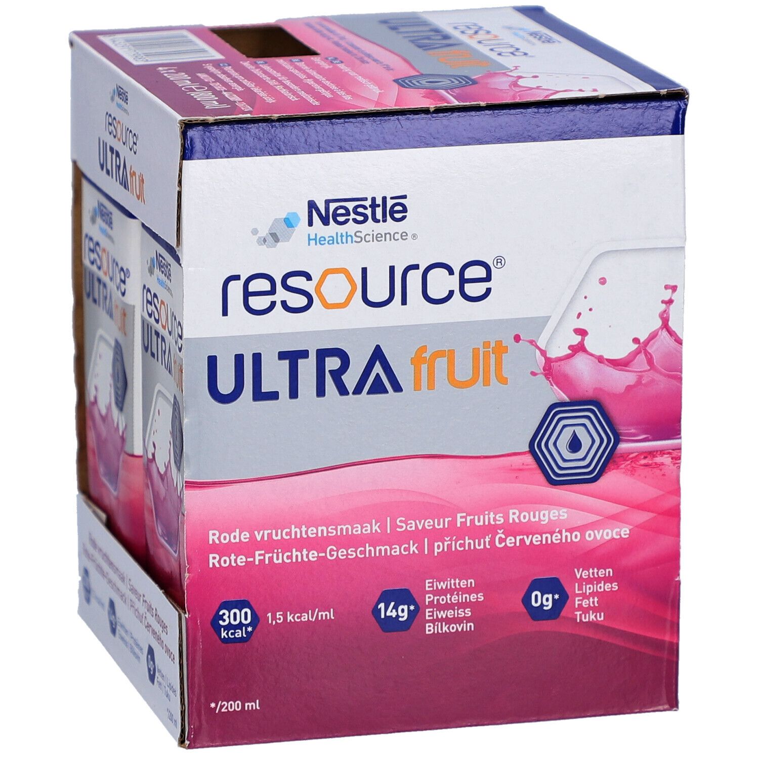 Emballage carton Resource Ultra Fruit. Éclaboussures de liquide rouge. Contient 14g de protéines, 0g de matières grasses. Logo Nestle HealthScience.