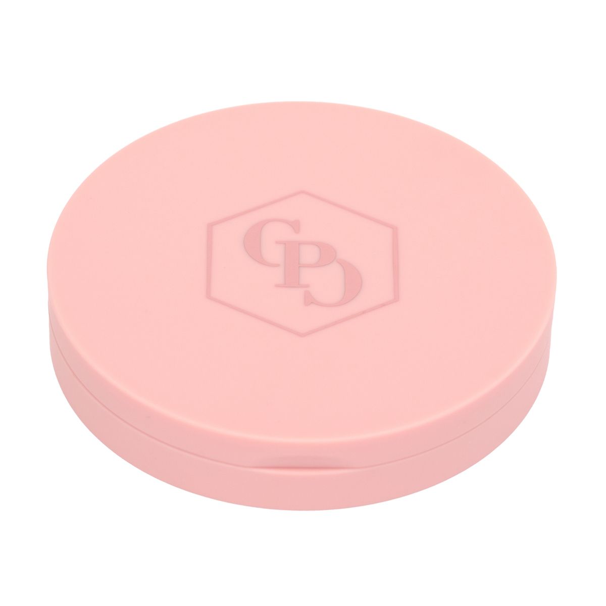 Boîtier rond rose. Logo avec lettres. CENT PUR CENT. Fermé.