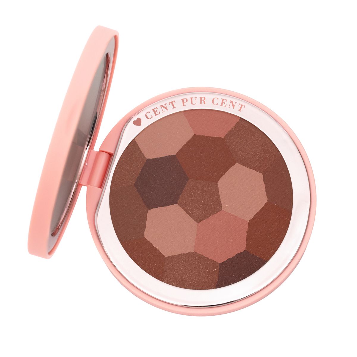 Ronde, open cosmeticaverpakking met spiegel. Meerkleurig poeder. Roze deksel.