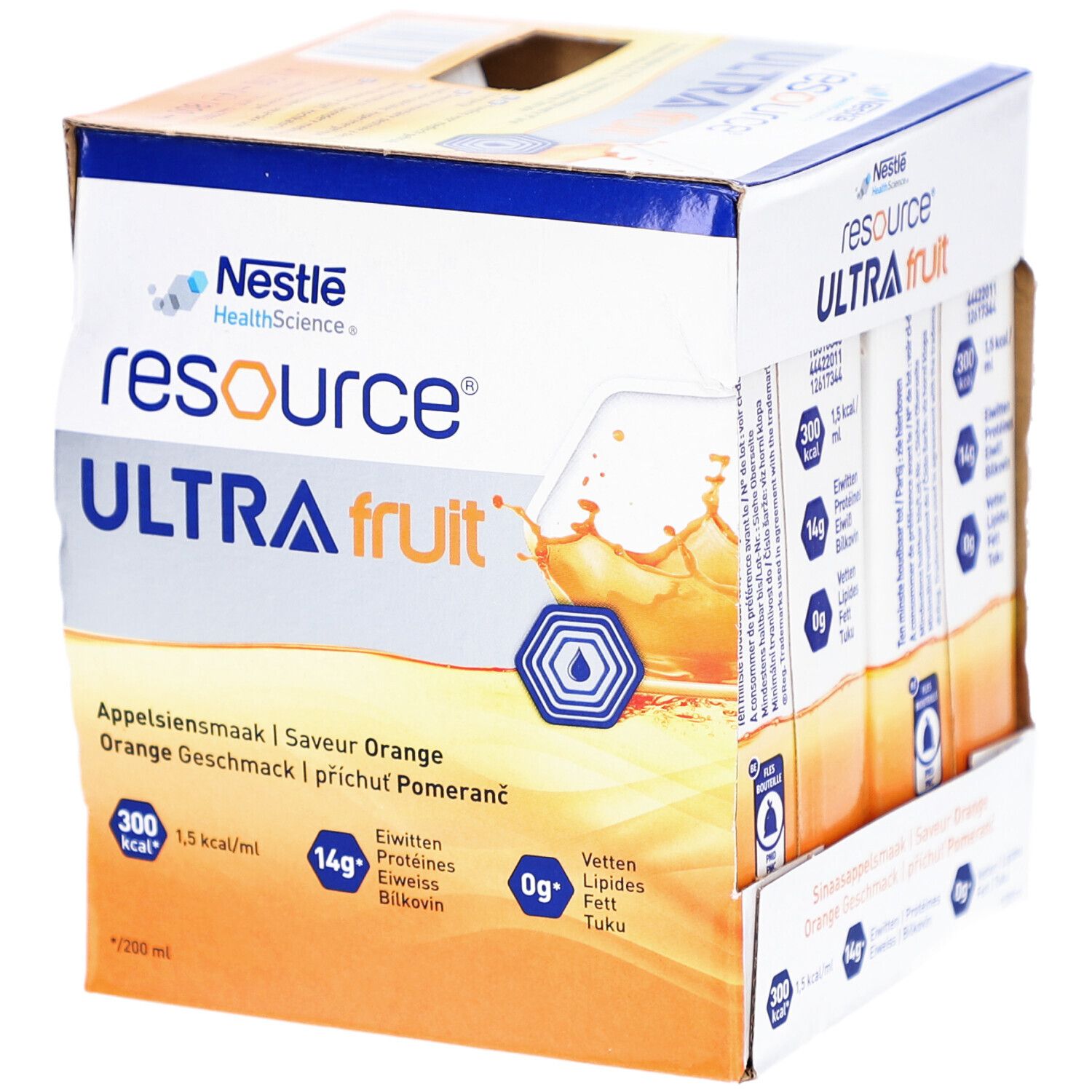 Boîte Nestlé Resource Ultra Fruit. Boisson orange. Inscriptions: calories, protéines, lipides. Informations multilingues.