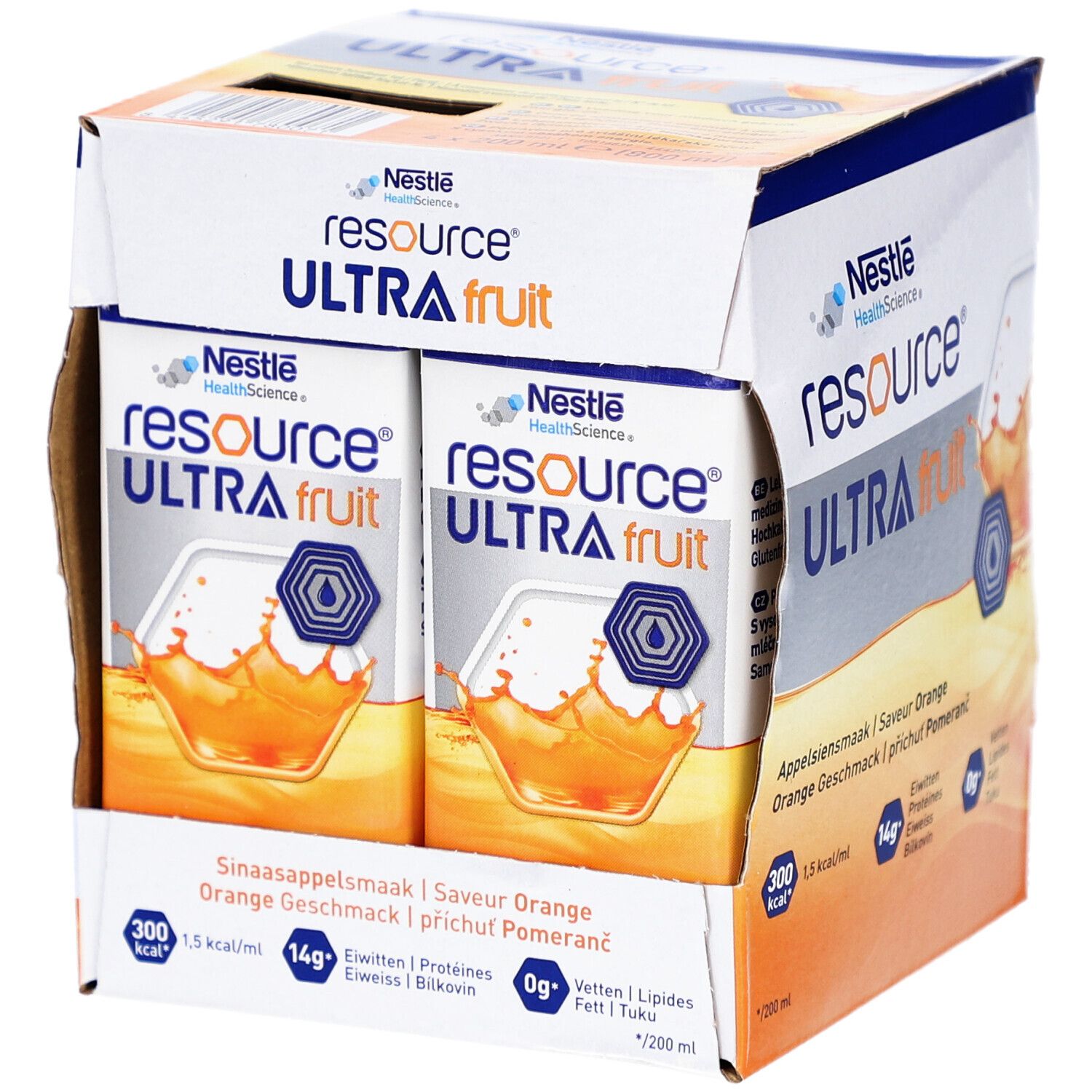 Boîte Nestlé Resource Ultra Fruit. Contient des emballages individuels. Boisson orange. Informations multilingues.