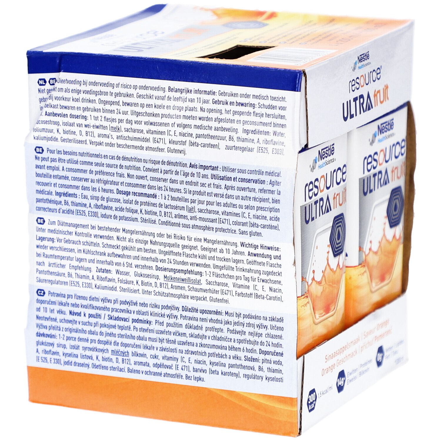 Dos de la boîte Nestlé Resource Ultra Fruit. Textes multilingues. Contient des informations nutritionnelles et des ingrédients.