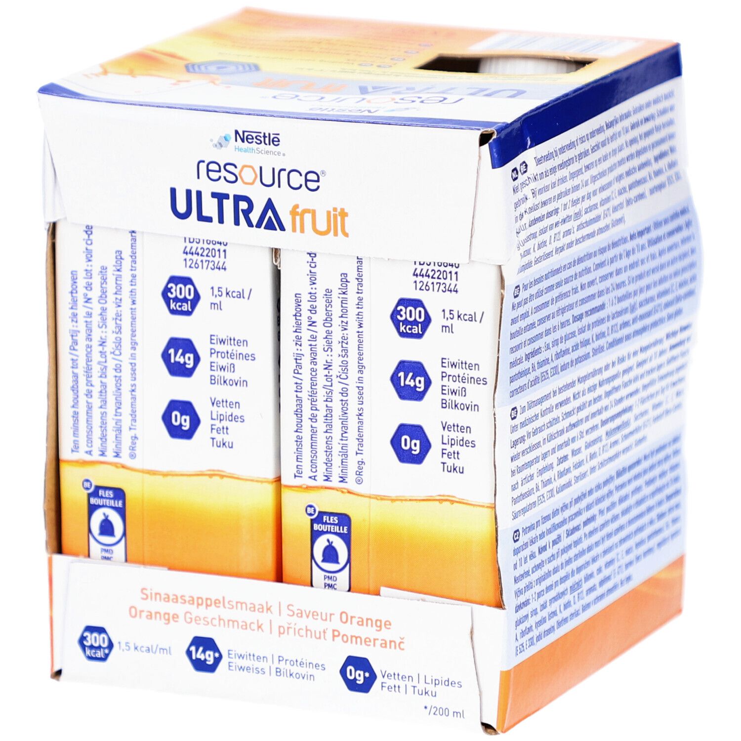 Boîte Nestlé Resource Ultra Fruit. Contient des emballages individuels. Boisson orange. Informations multilingues.