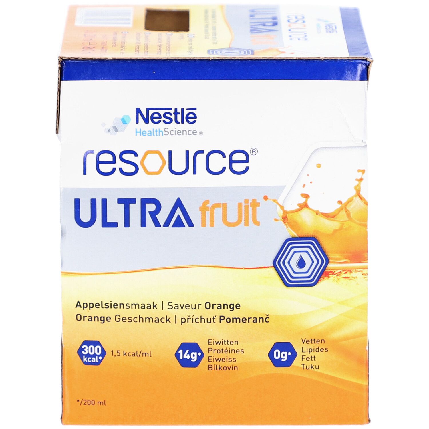 Boîte Nestlé Resource Ultra Fruit. Boisson orange. Inscriptions: calories, protéines, lipides. Informations multilingues.