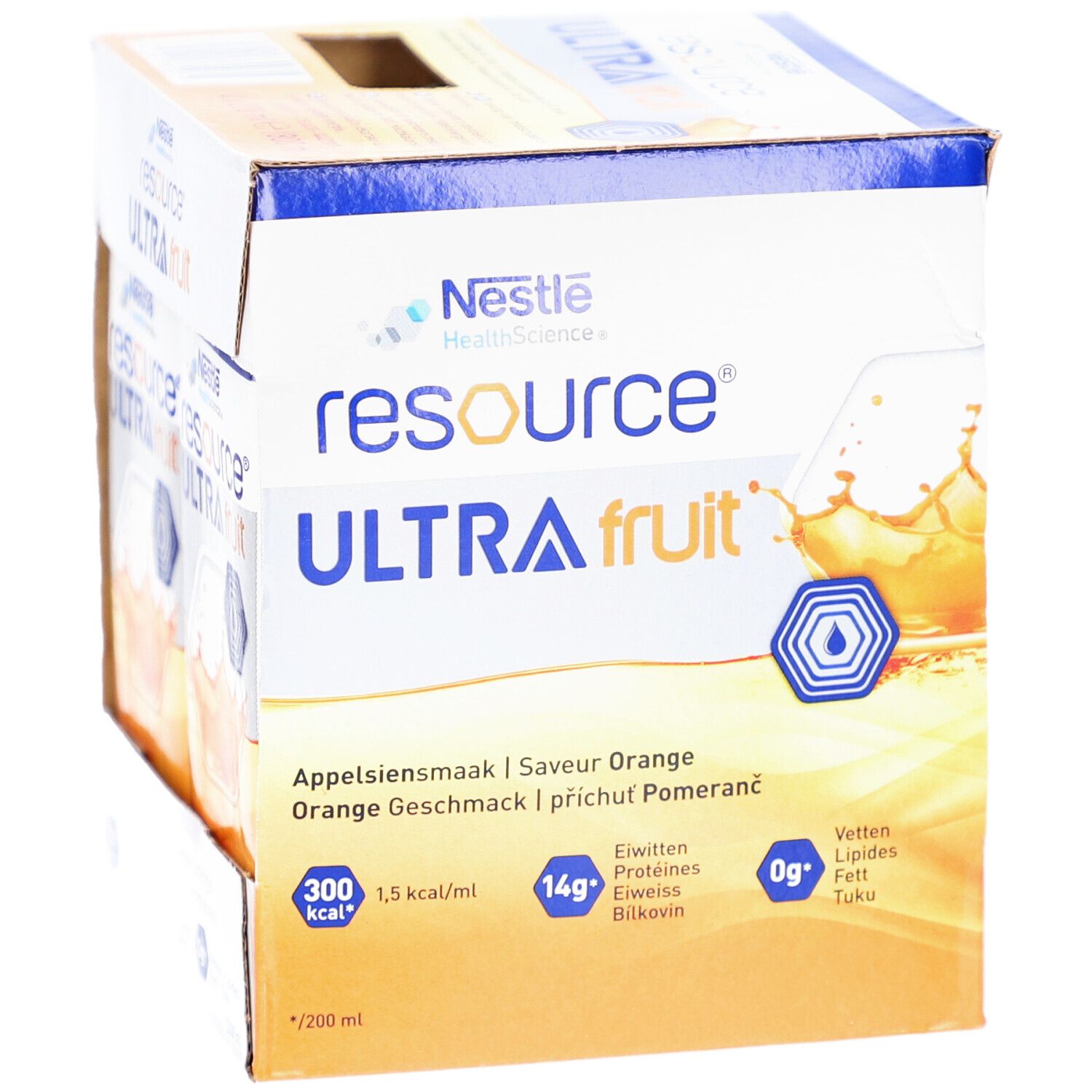Boîte Nestlé Resource Ultra Fruit. Boisson orange. Inscriptions: calories, protéines, lipides. Informations multilingues.
