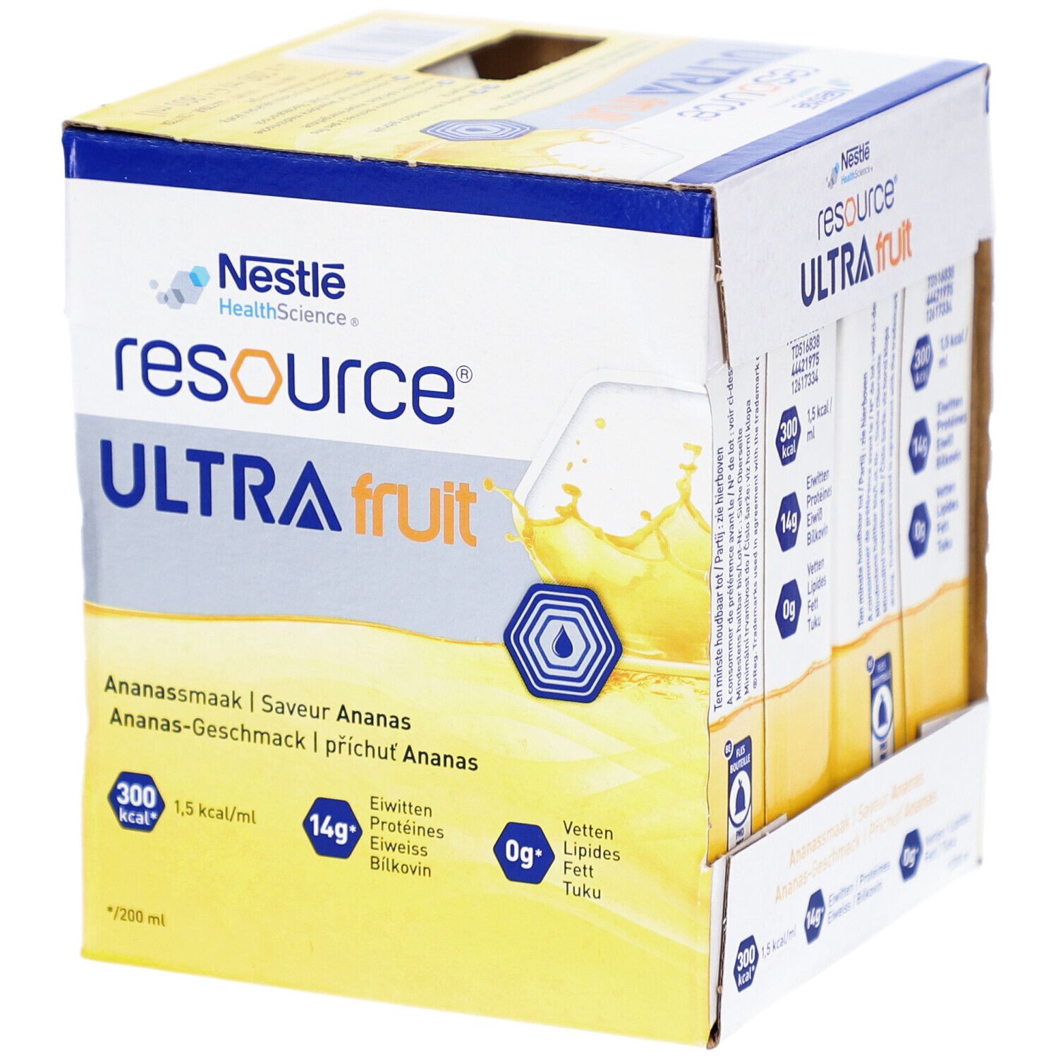 Emballage carton de Resource Ultra Fruit Ananas. Contient plusieurs packs de boisson. Inscriptions : informations nutritionnelles, logo.