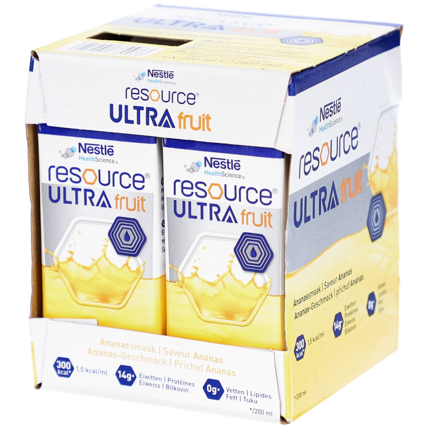 Emballage carton de Resource Ultra Fruit Ananas. Contient des packs de boisson. Inscriptions : informations nutritionnelles, logo.