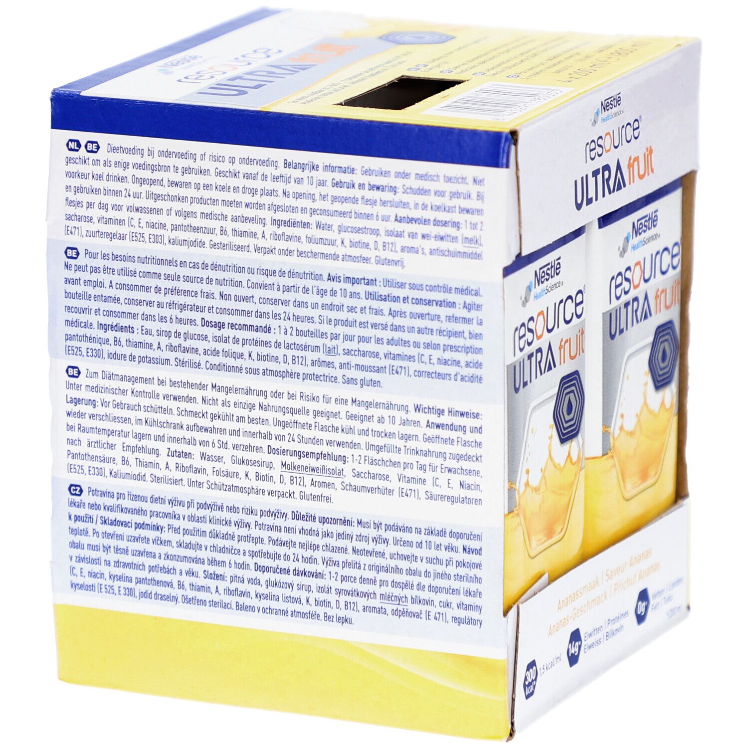 Emballage carton de Resource Ultra Fruit Ananas. Verso avec texte. Contient des packs de boisson.
