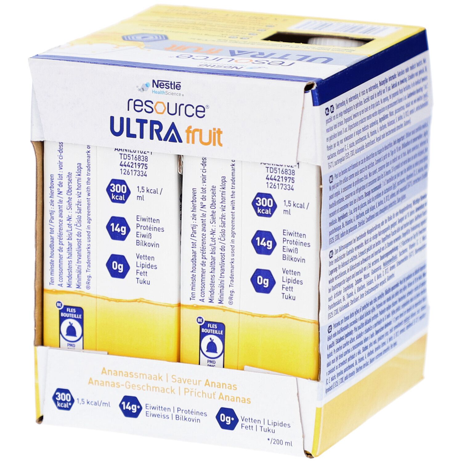 Emballage carton de Resource Ultra Fruit Ananas. Contient des packs de boisson. Inscriptions : informations nutritionnelles, logo.