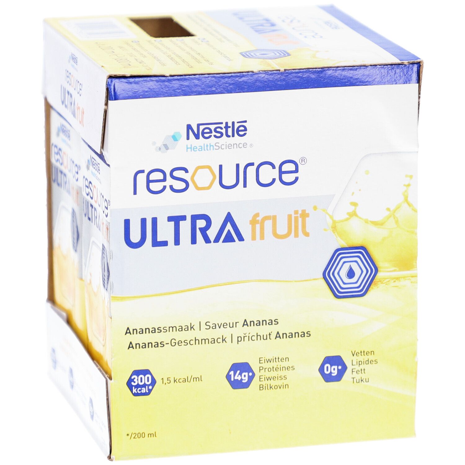 Emballage carton de Resource Ultra Fruit Ananas. Contient des packs de boisson. Inscriptions : informations nutritionnelles, logo.