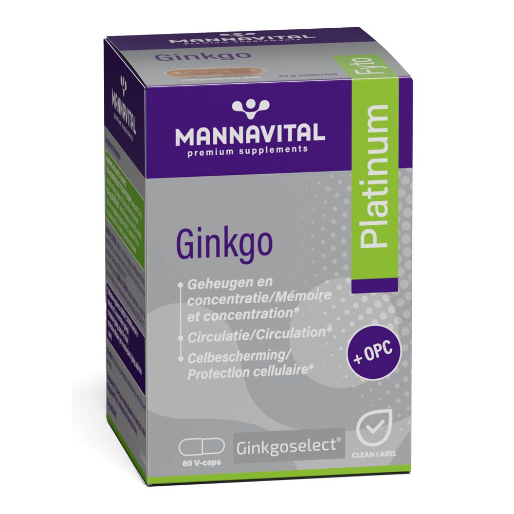 Productverpakking, doos. Opschrift: Mannavital Ginkgo Platinum. Bevat capsules.