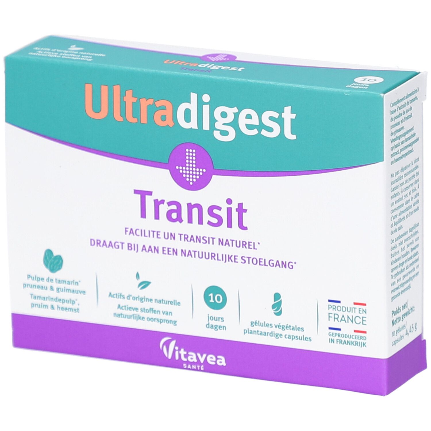 Doos Ultradigest Transit, 10 capsules. Groen, wit en paars ontwerp. Tekst in het Duits, Frans en Nederlands. Geproduceerd in Frankrijk.