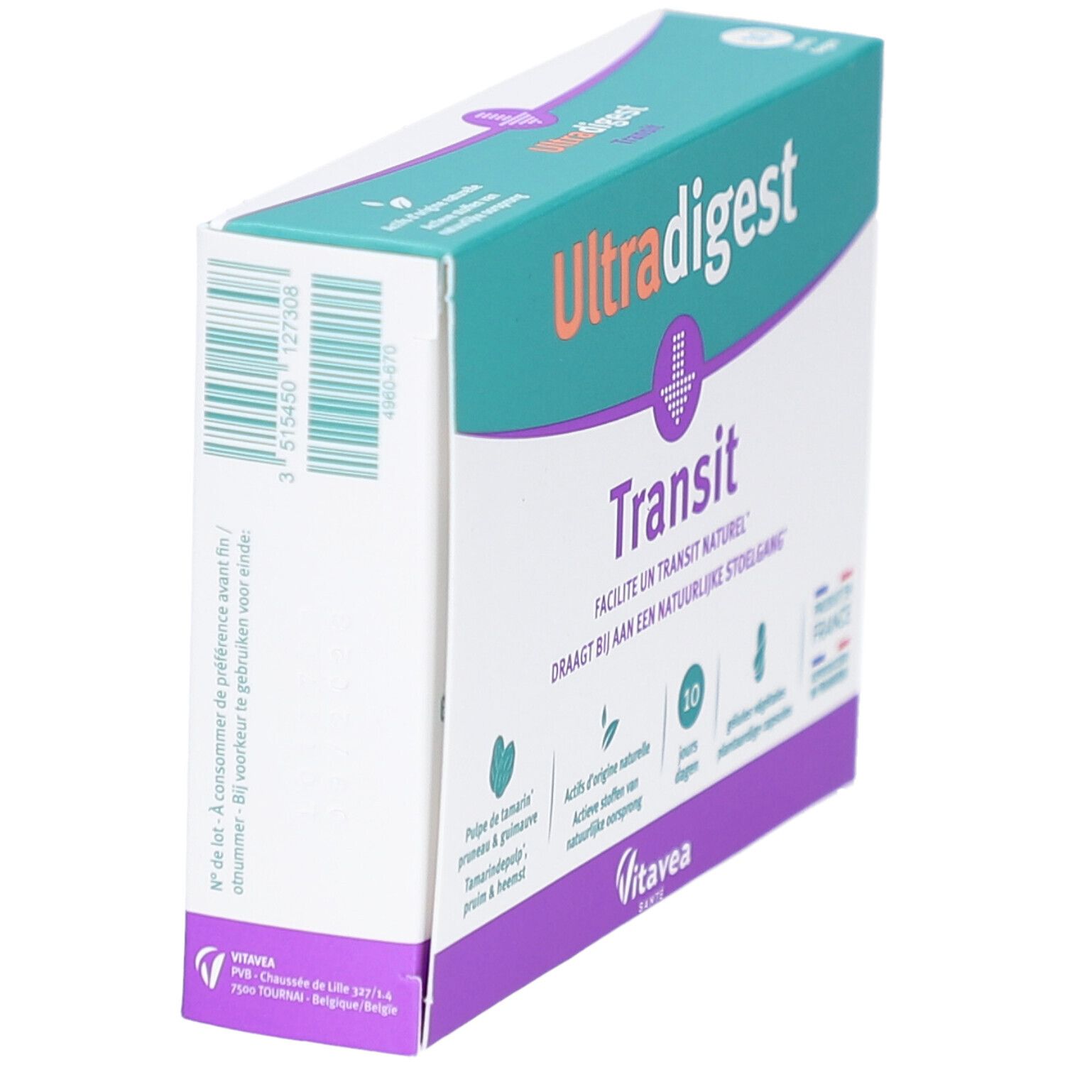 Schuine weergave van de Ultradigest Transit verpakking. Groen, wit en paars ontwerp. Productnaam en tekst in het Duits, Frans en Nederlands.