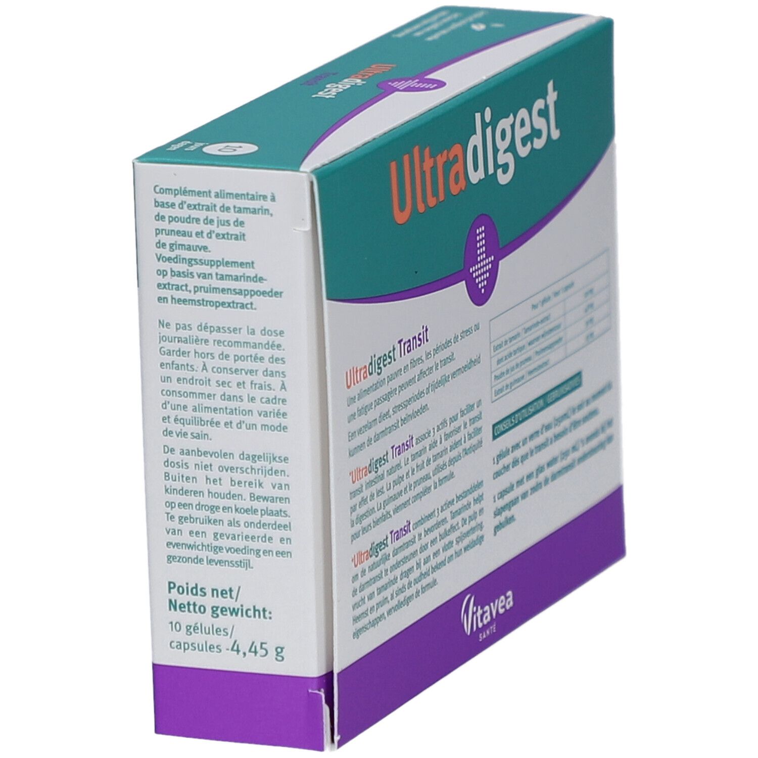 Schuine weergave van de verpakking met informatie over ingrediënten en gebruik. Tekst in het Duits, Frans en Nederlands. Groen, wit en paars.