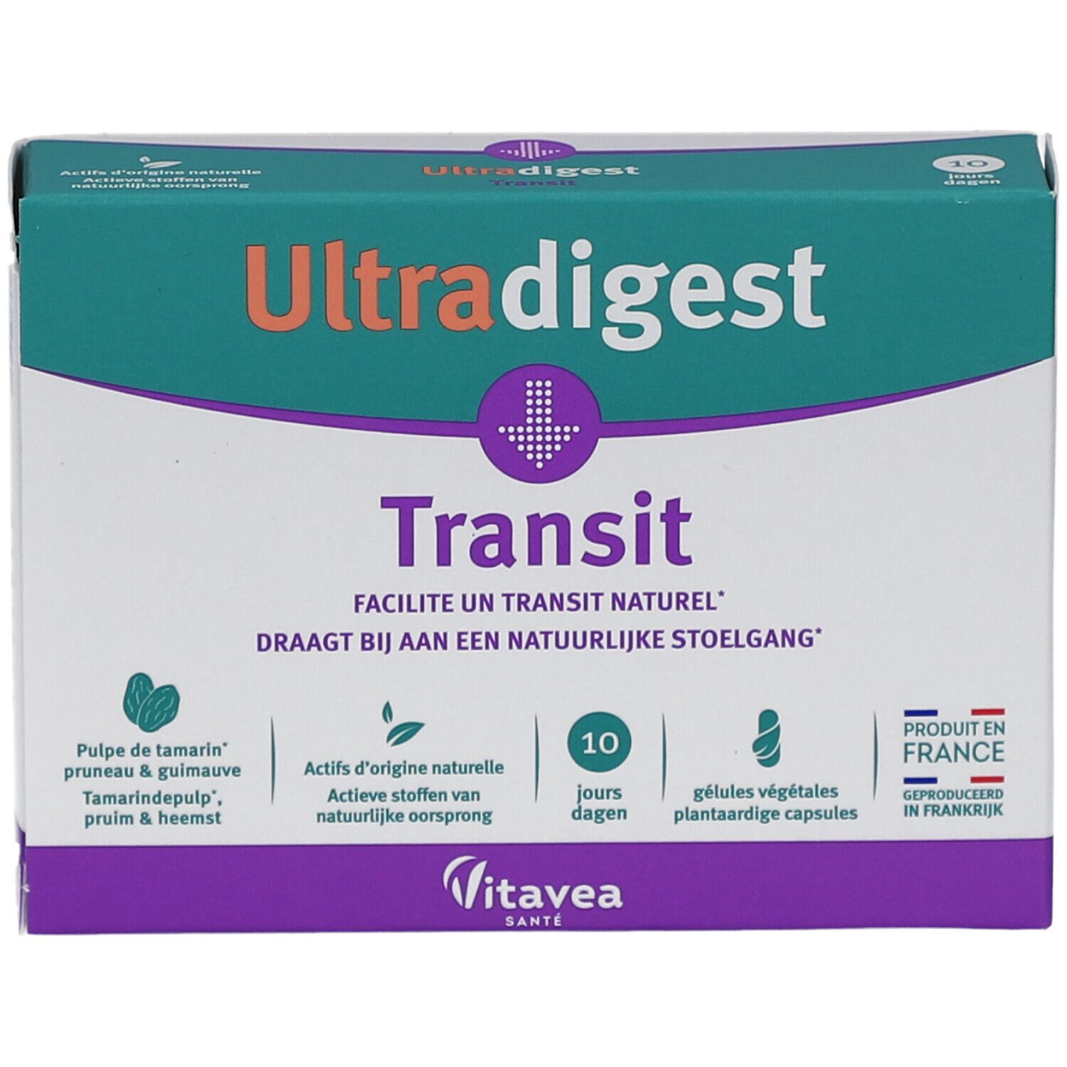 Doos Ultradigest Transit, 10 capsules. Groen, wit en paars ontwerp. Tekst in het Duits, Frans en Nederlands. Geproduceerd in Frankrijk.