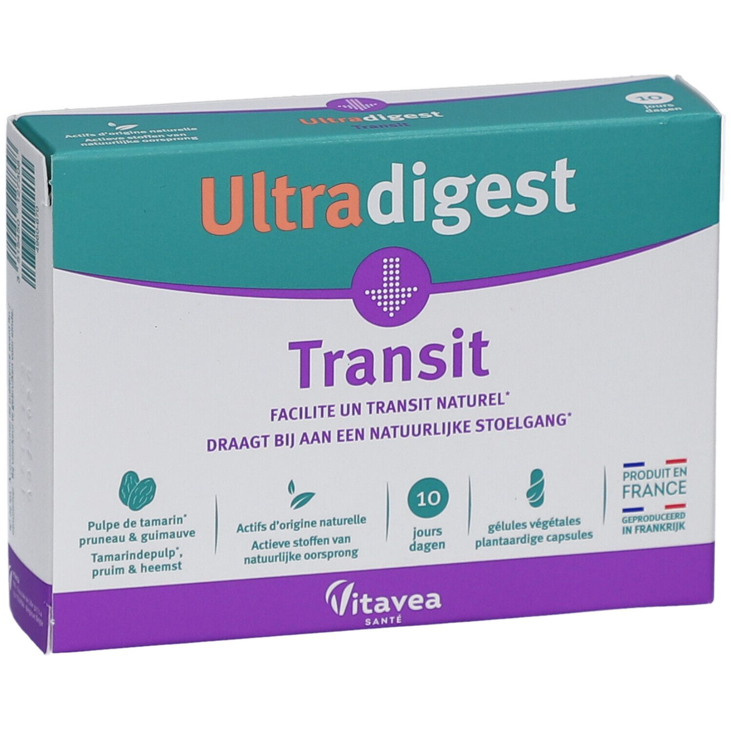 Doos Ultradigest Transit, 10 capsules. Groen, wit en paars ontwerp. Tekst in het Duits, Frans en Nederlands. Geproduceerd in Frankrijk.