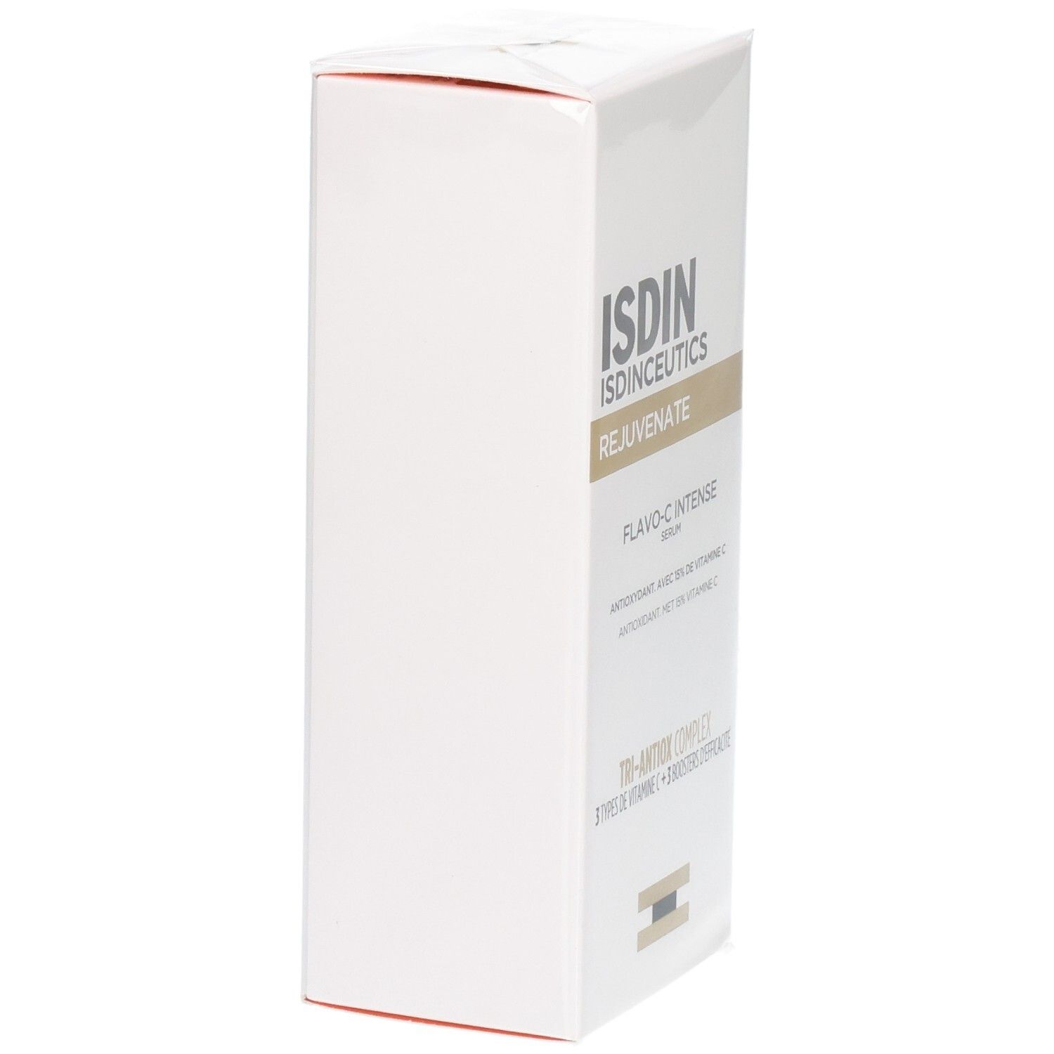 ISDINCEUTICS Flavo-C Intense Sérum boîte, vue latérale. Contient Tri-Antiox Complex à la Vitamine C.