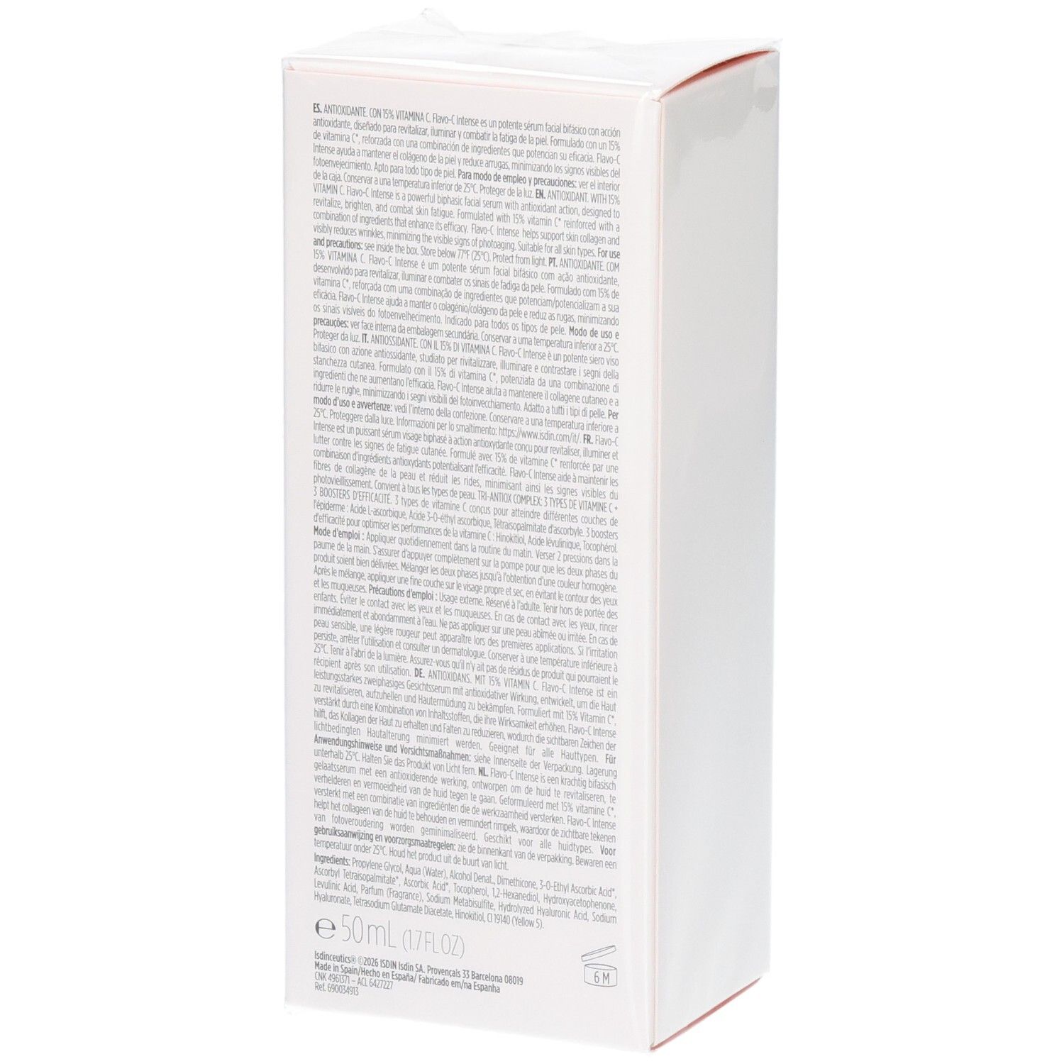 ISDINCEUTICS Flavo-C Intense Sérum boîte, dos avec texte. Contient Tri-Antiox Complex à la Vitamine C.