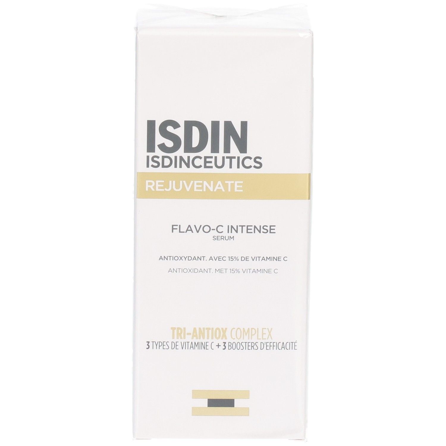 ISDINCEUTICS Flavo-C Intense Sérum boîte. Contient Tri-Antiox Complex à la Vitamine C.