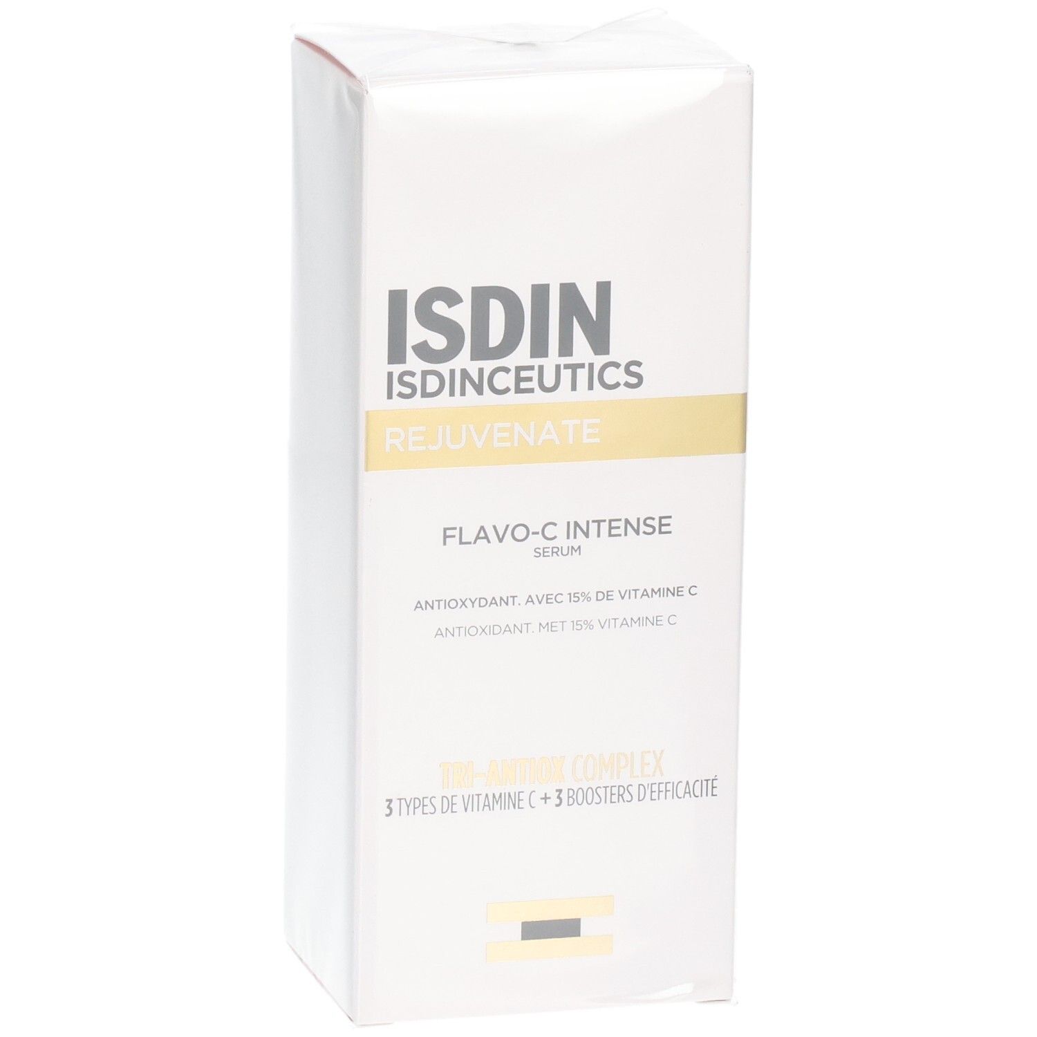 ISDINCEUTICS Flavo-C Intense Sérum boîte. Contient Tri-Antiox Complex à la Vitamine C.