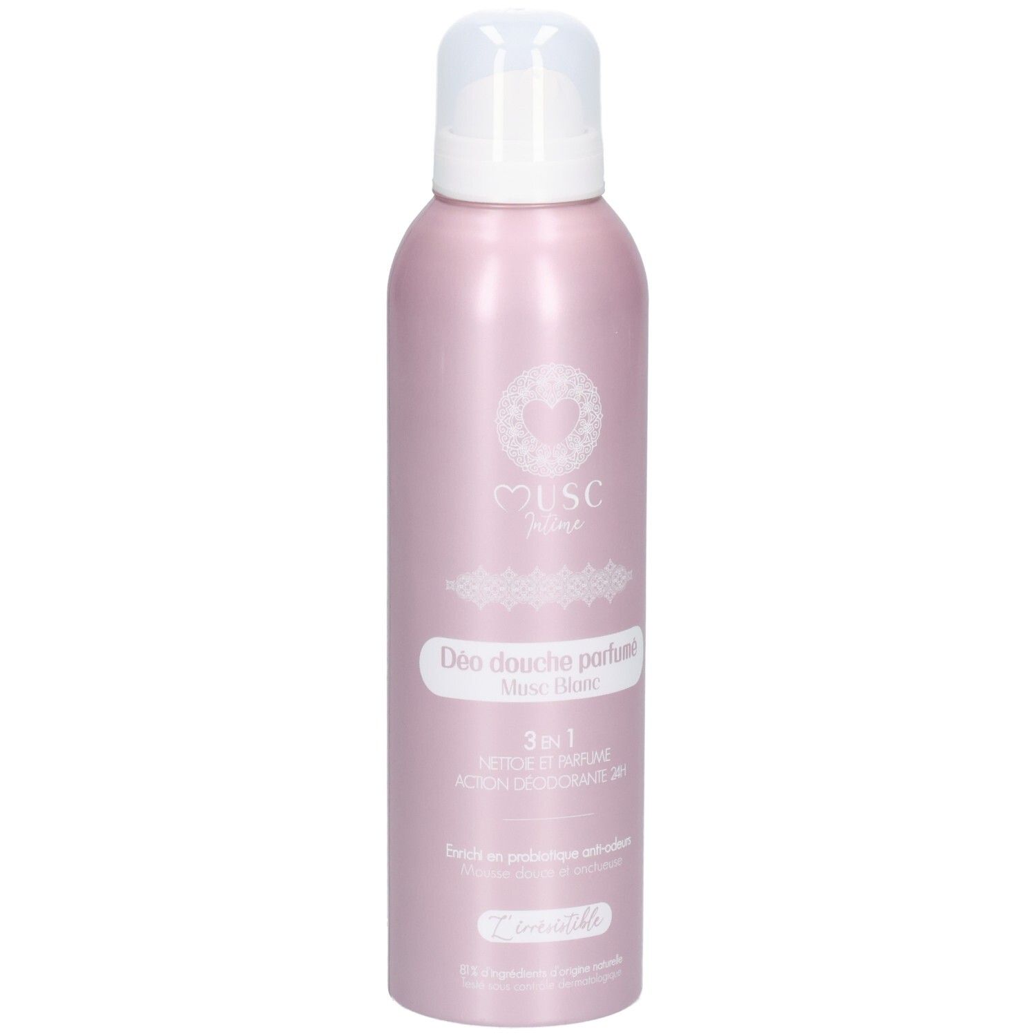 Roze deodorant douche fles met witte pomp. Opschrift: Musc, Déodorant Douche parfumé, 3en1. Productnaam: Musc Blanc.