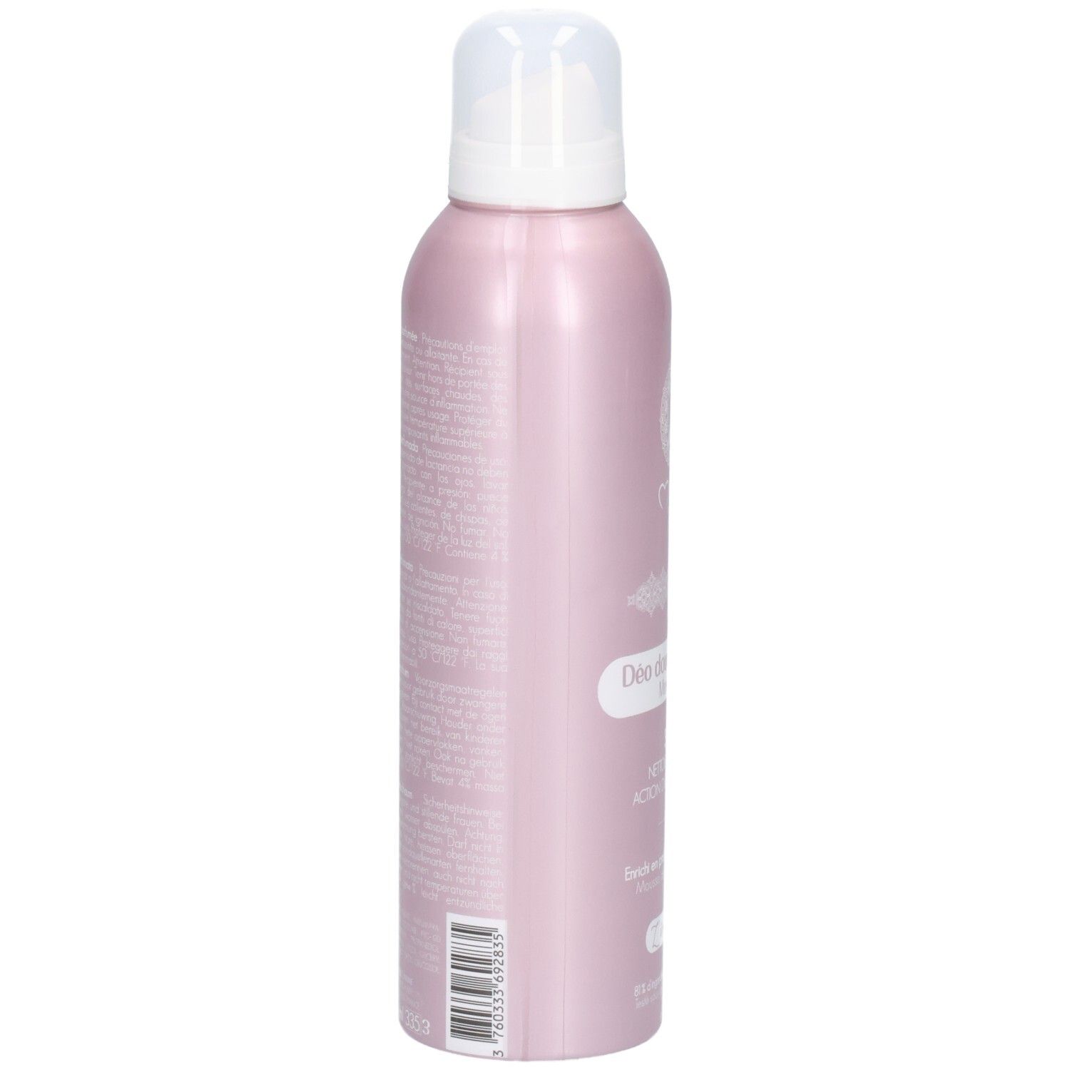 Roze deodorant douche fles, zijaanzicht. Witte pomp. Tekst op de fles.